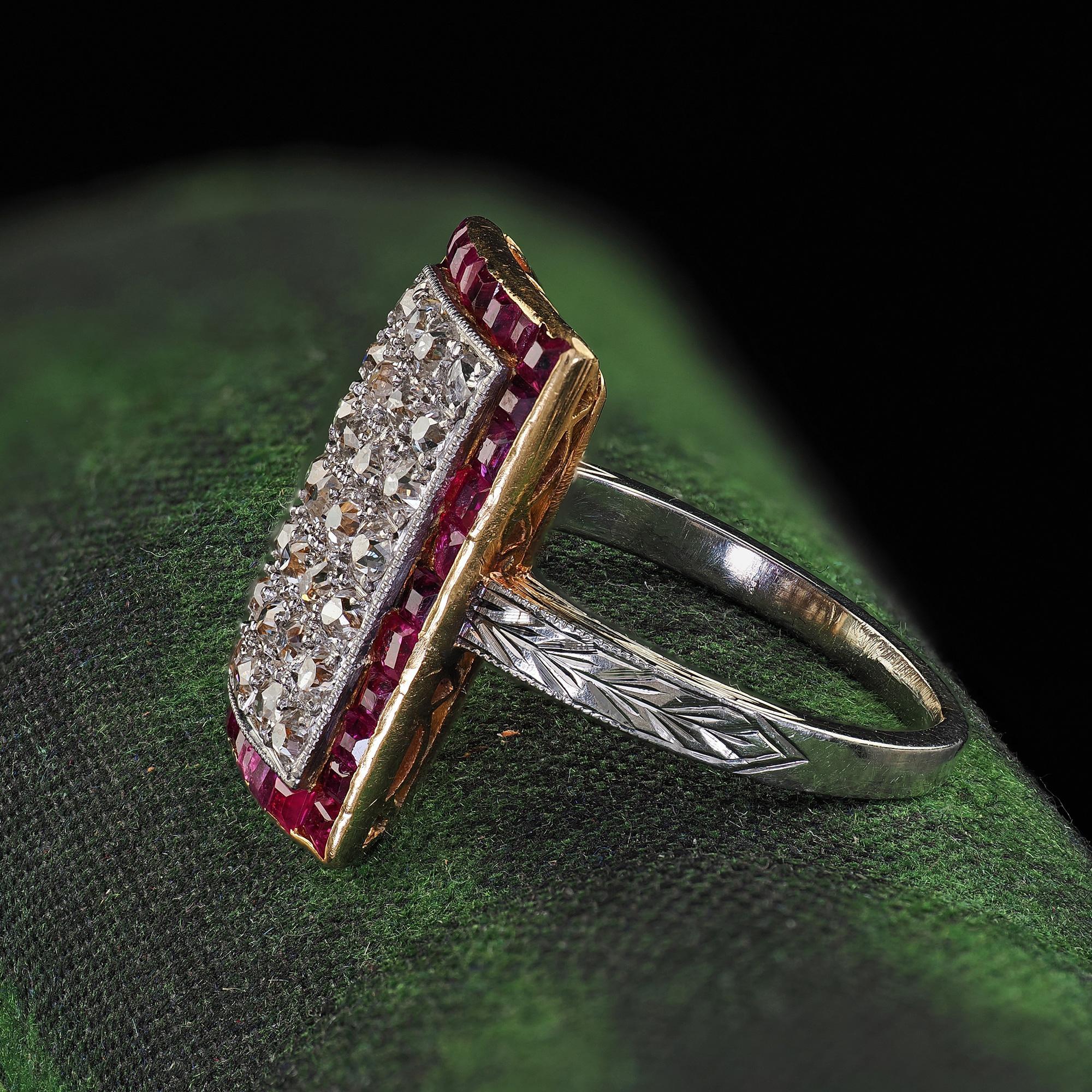 Women's Antique Art Deco 18K Two Tone Gold Old Mine Diamond and Ruby Panel Ring For Sale