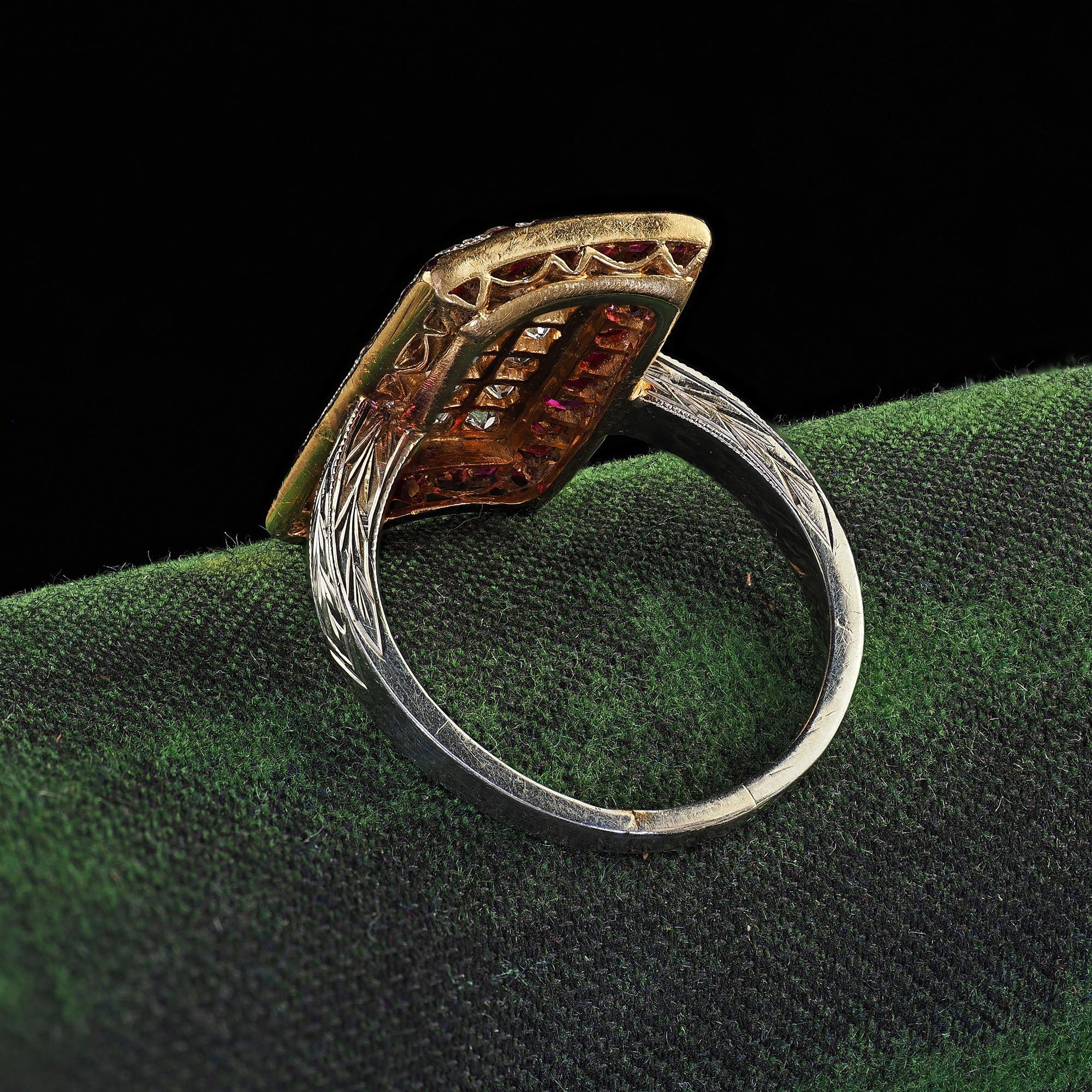 Antique Art Deco 18K Two Tone Gold Old Mine Diamond and Ruby Panel Ring For Sale 1