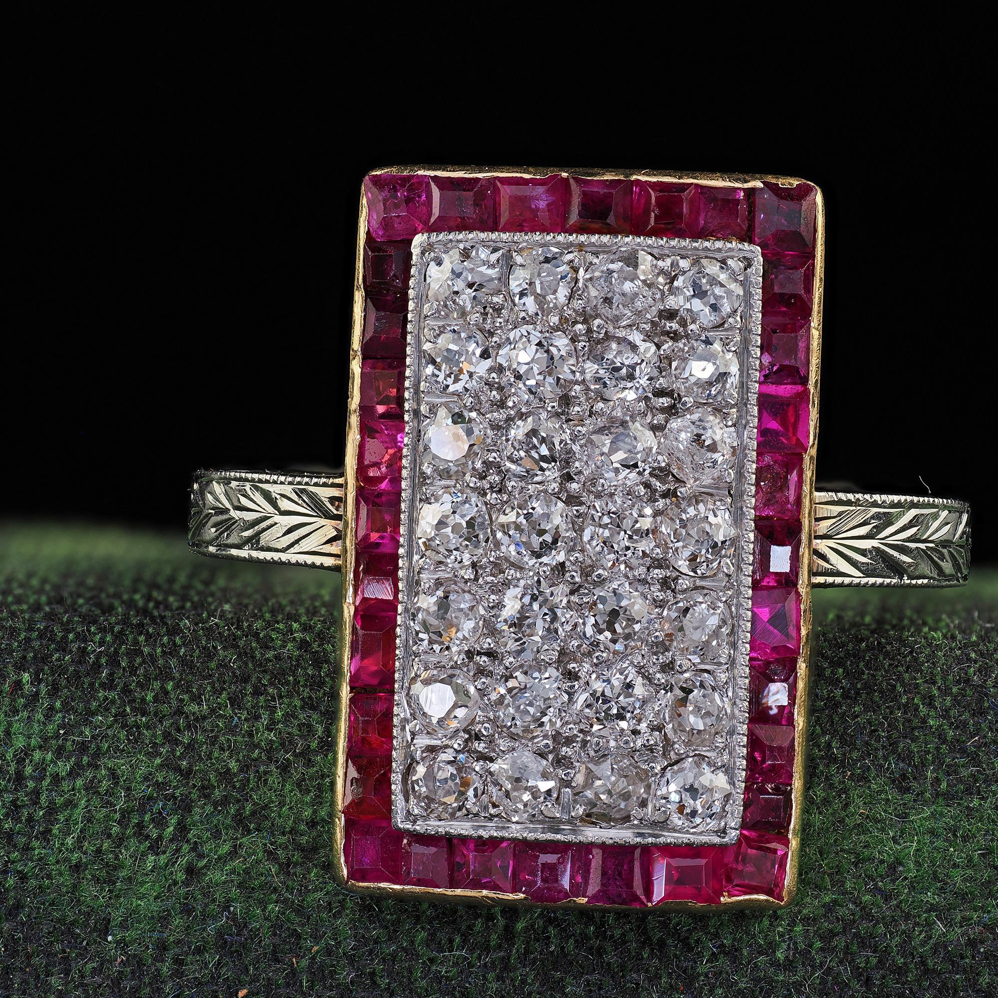 Antique Art Deco 18K Two Tone Gold Old Mine Diamond and Ruby Panel Ring For Sale 2