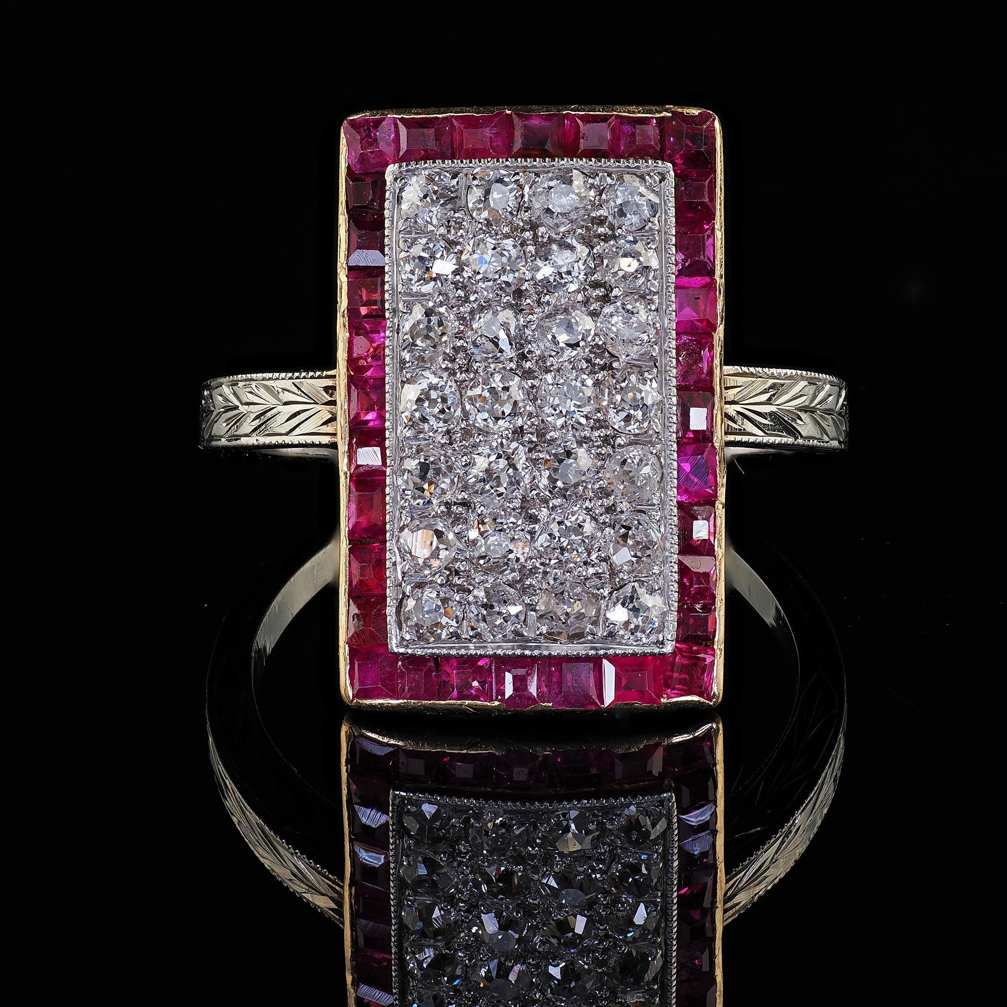 Antique Art Deco 18K Two Tone Gold Old Mine Diamond and Ruby Panel Ring For Sale 3