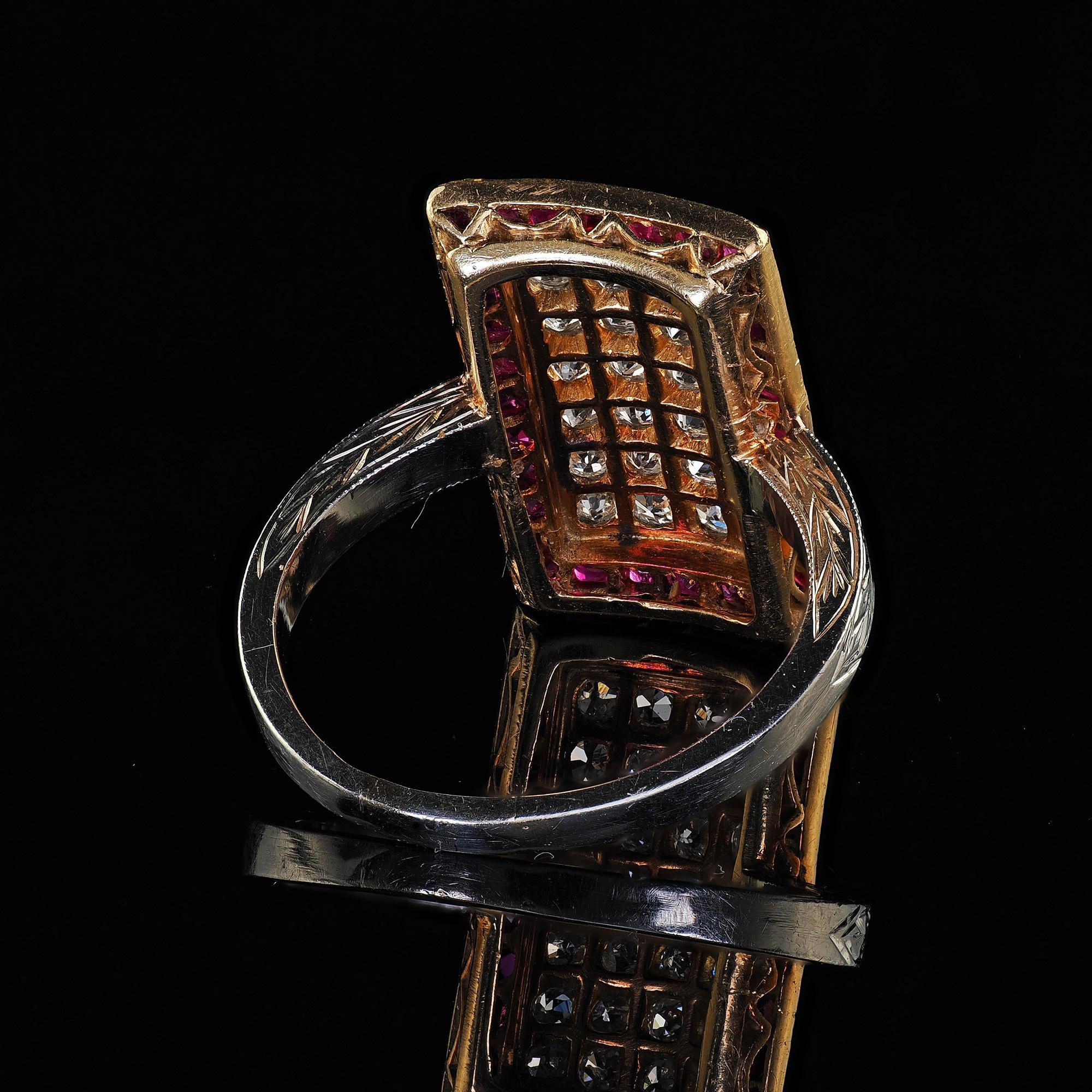 Antique Art Deco 18K Two Tone Gold Old Mine Diamond and Ruby Panel Ring For Sale 4