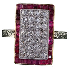 Antique Art Deco 18K Two Tone Gold Old Mine Diamond and Ruby Panel Ring