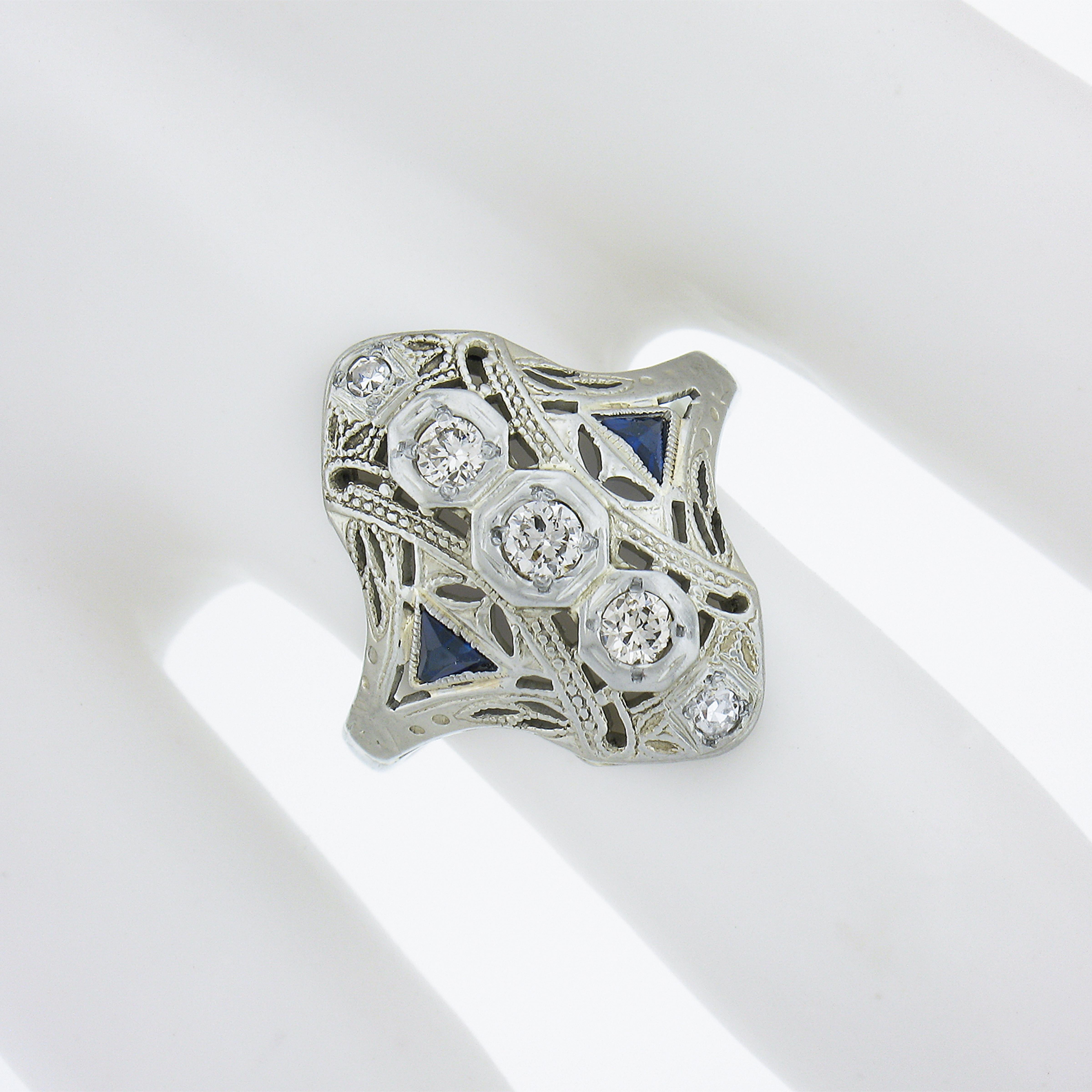 French Cut Antique Art Deco 18K White Gold 0.20ctw Diamond & Sapphire Filigree Dinner Ring For Sale