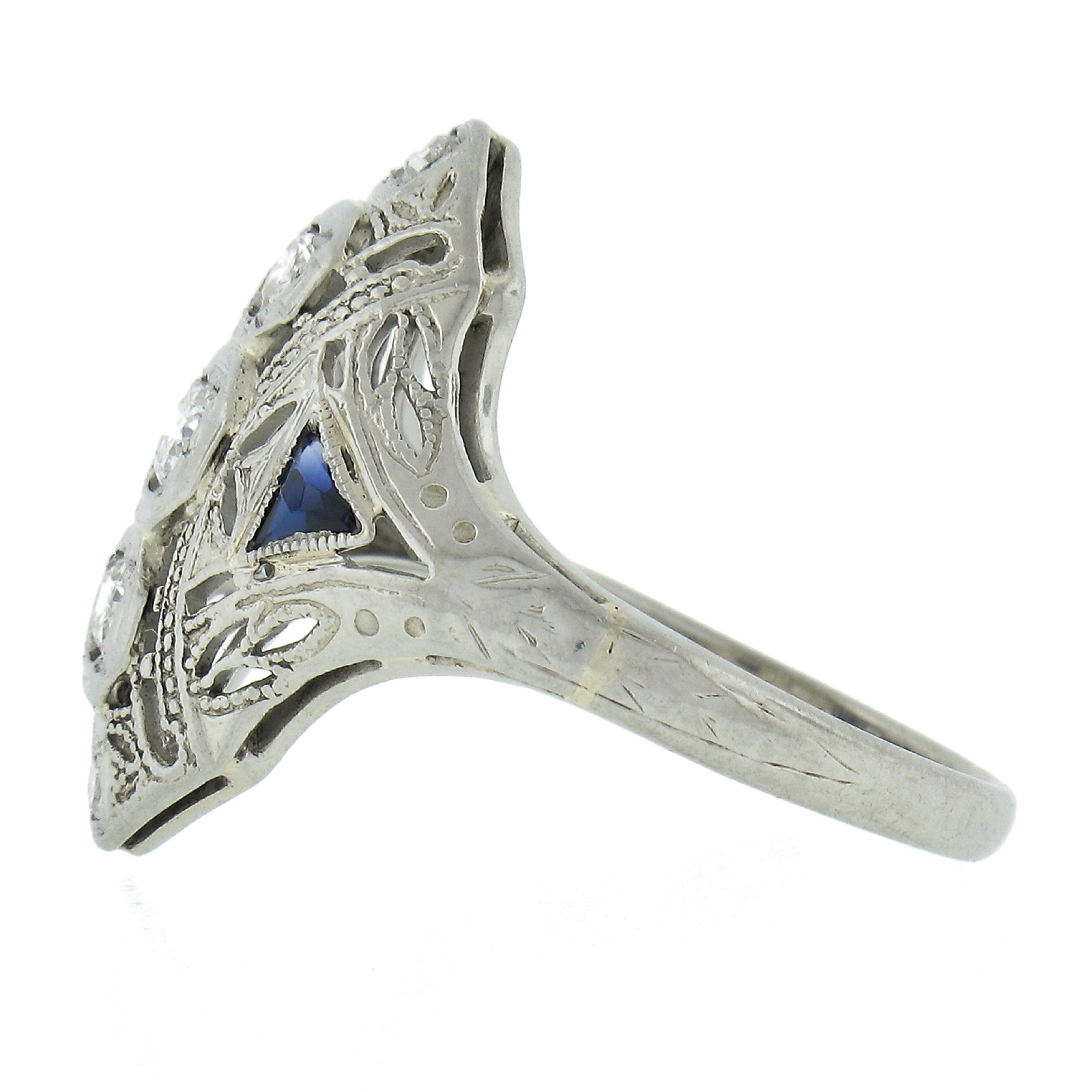Women's Antique Art Deco 18K White Gold 0.20ctw Diamond & Sapphire Filigree Dinner Ring For Sale