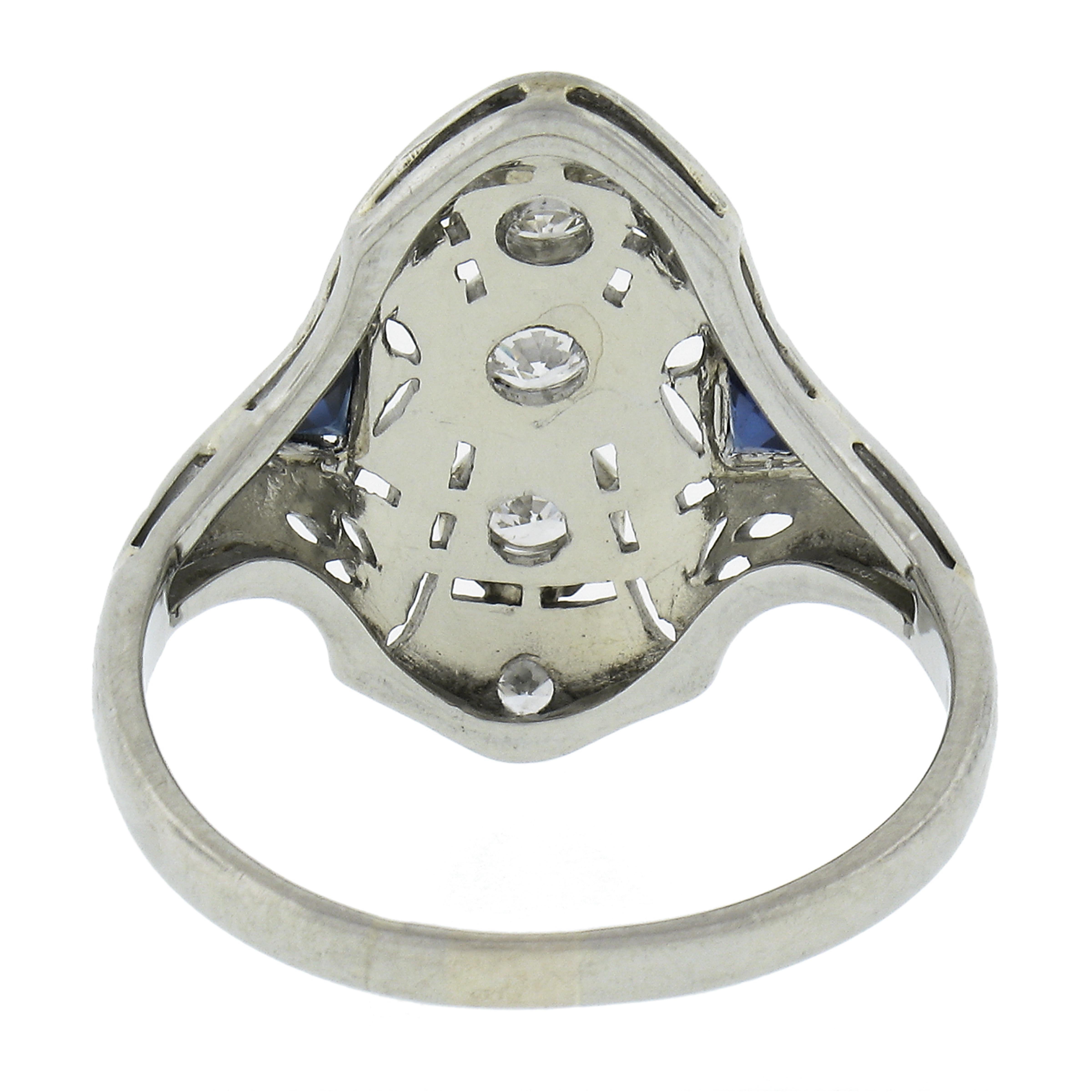 Antique Art Deco 18K White Gold 0.20ctw Diamond & Sapphire Filigree Dinner Ring For Sale 1