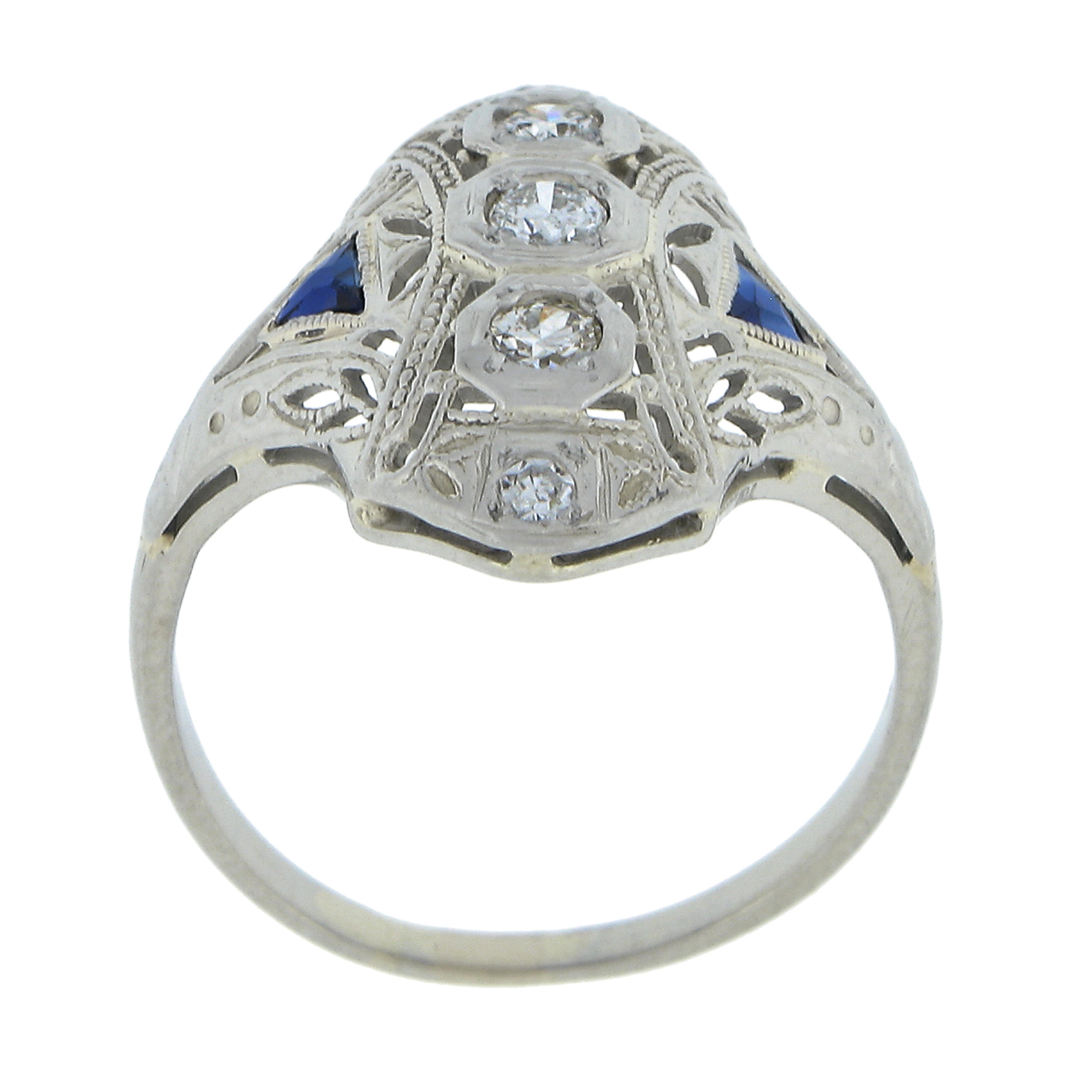 Antique Art Deco 18K White Gold 0.20ctw Diamond & Sapphire Filigree Dinner Ring 2