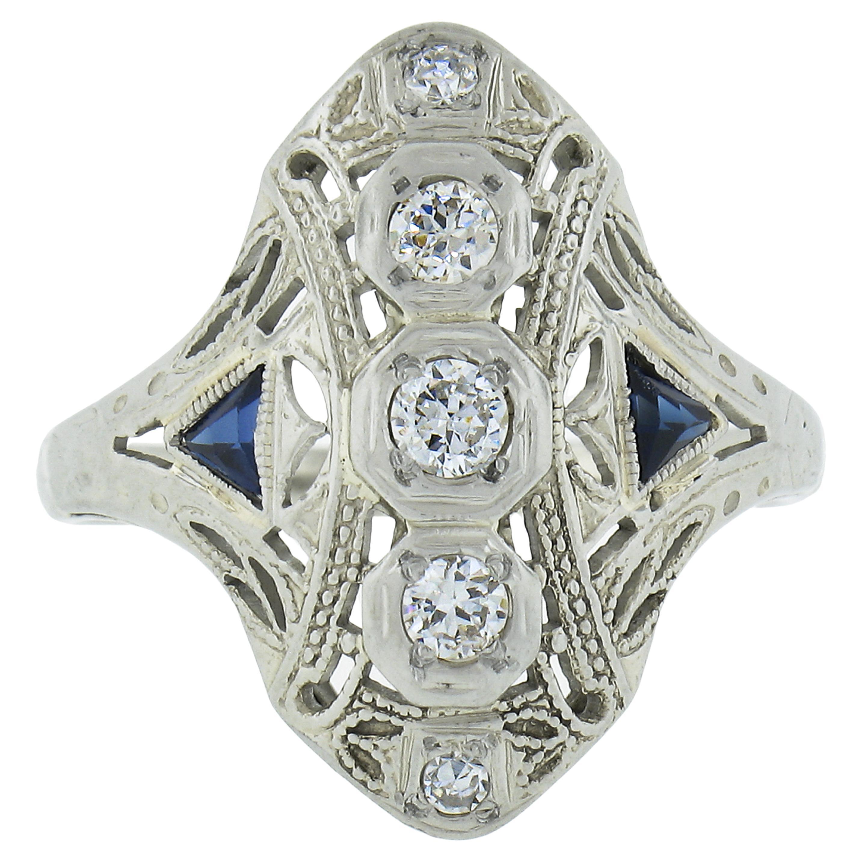 Antique Art Deco 18K White Gold 0.20ctw Diamond & Sapphire Filigree Dinner Ring For Sale