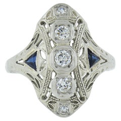 Antique Art Deco 18K White Gold 0.20ctw Diamond & Sapphire Filigree Dinner Ring