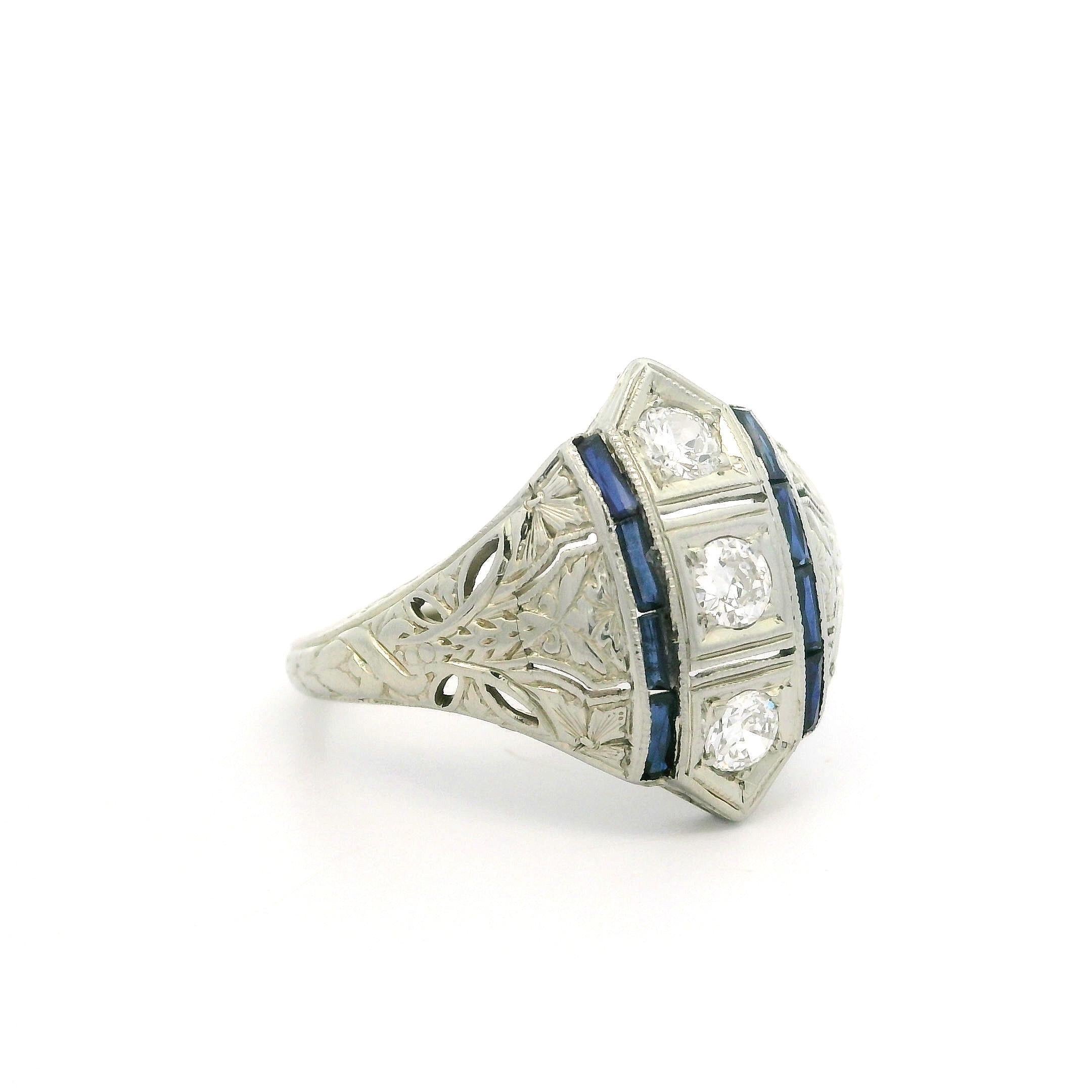 Antique Art Deco 18k White Gold 0.33ctw Old Cut Diamond & Sapphire Engraved Ring For Sale 5