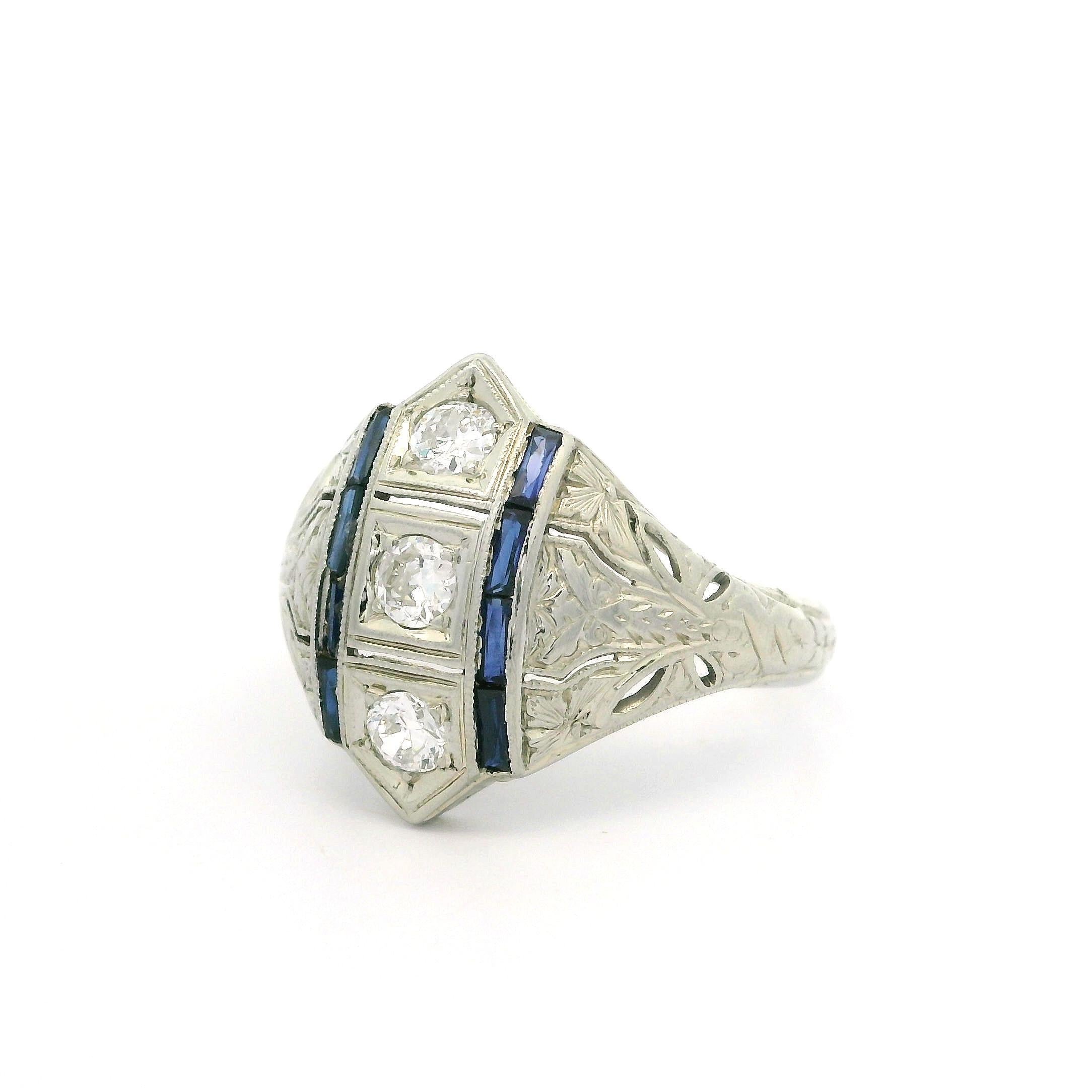 Antique Art Deco 18k White Gold 0.33ctw Old Cut Diamond & Sapphire Engraved Ring For Sale 6