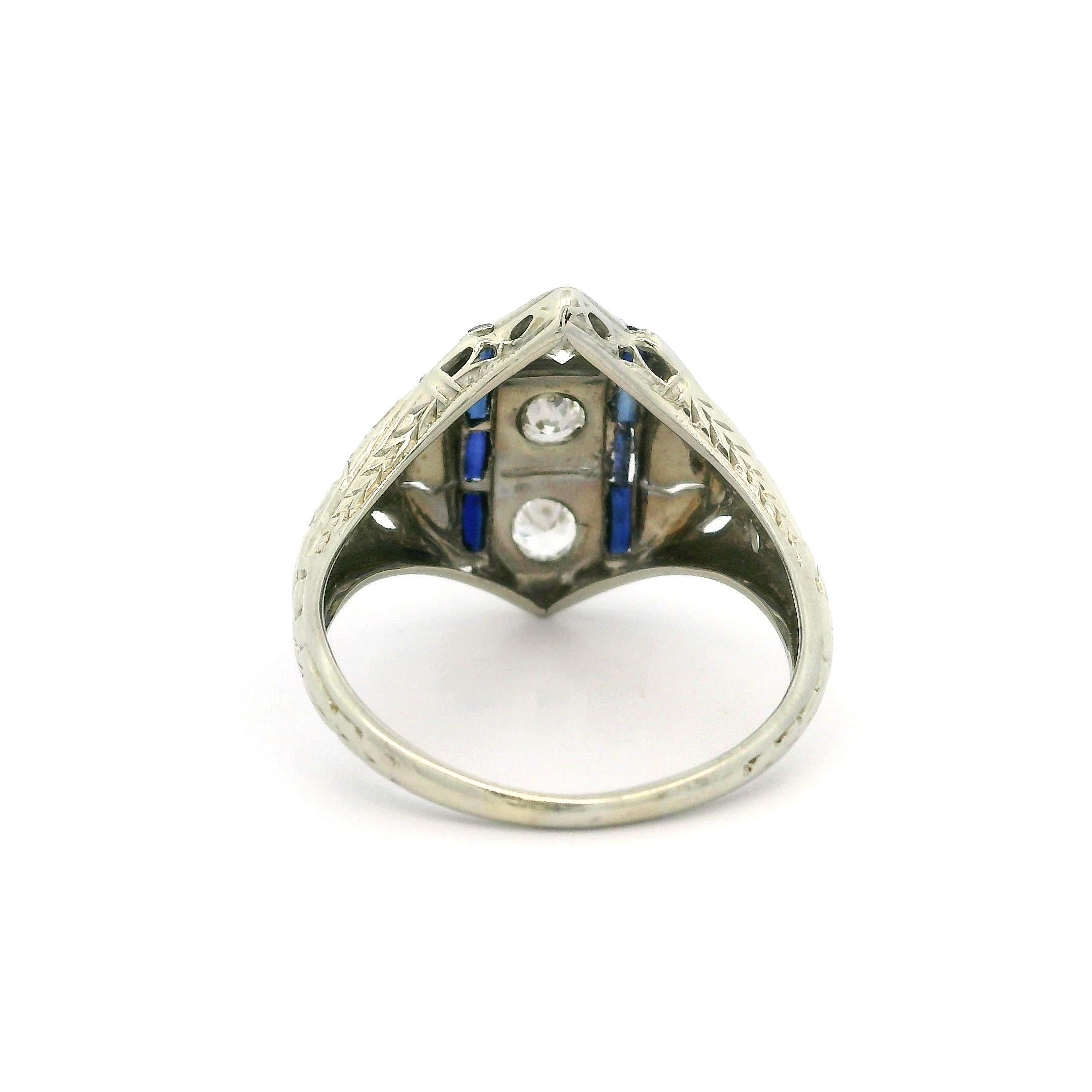 Old European Cut Antique Art Deco 18k White Gold 0.33ctw Old Cut Diamond & Sapphire Engraved Ring For Sale