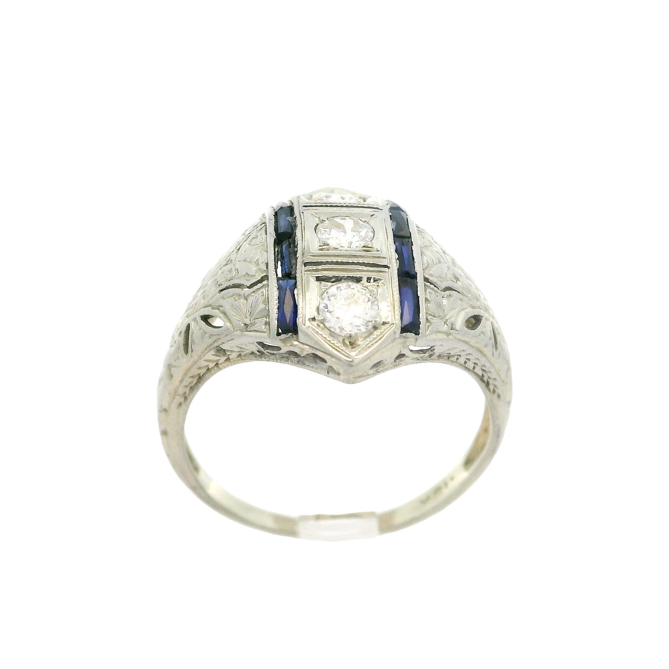 Women's Antique Art Deco 18k White Gold 0.33ctw Old Cut Diamond & Sapphire Engraved Ring For Sale