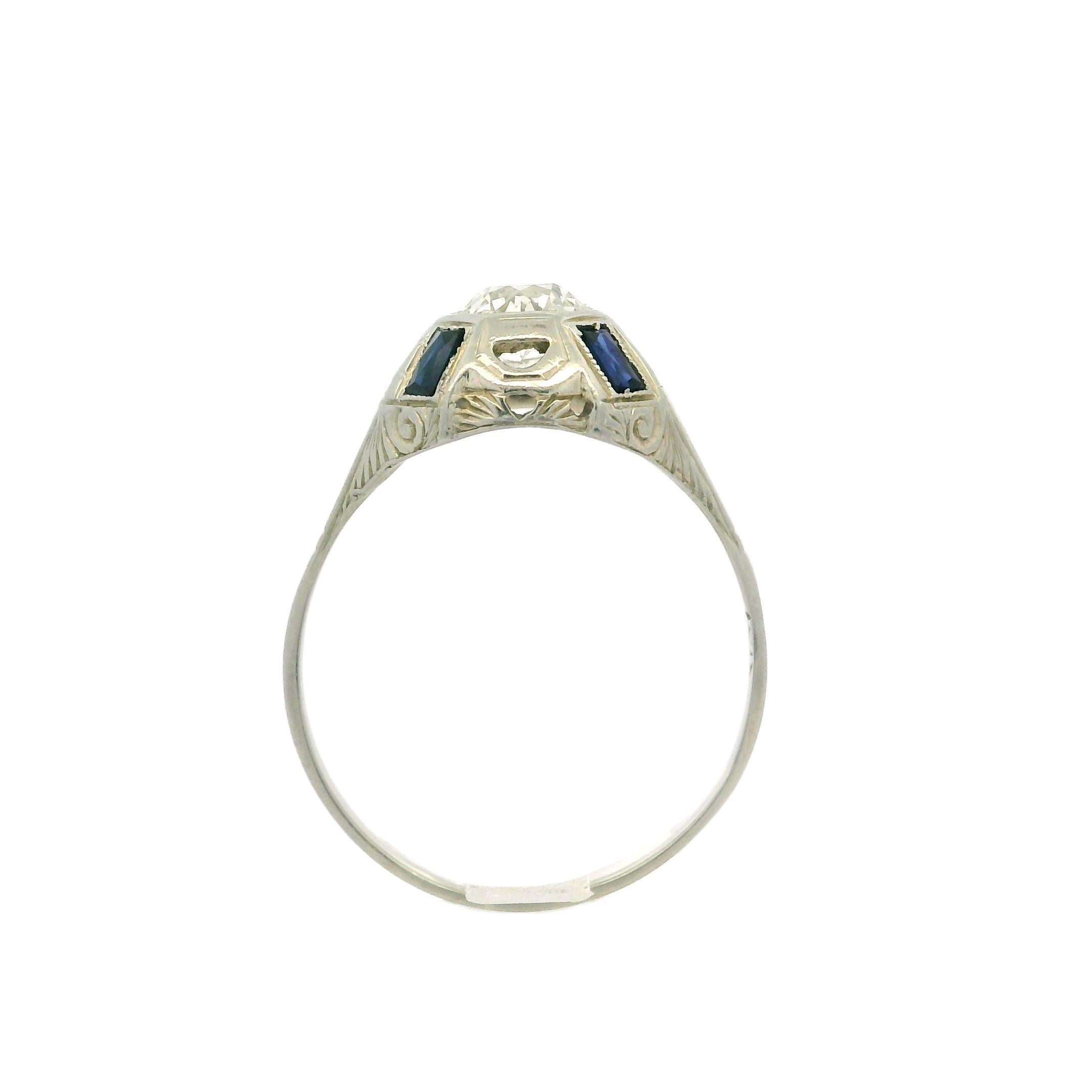 Antiker Art Deco 18k Weißgold 0,52 Karat Diamant Saphir gravierter Weizenarbeitsring im Angebot 4