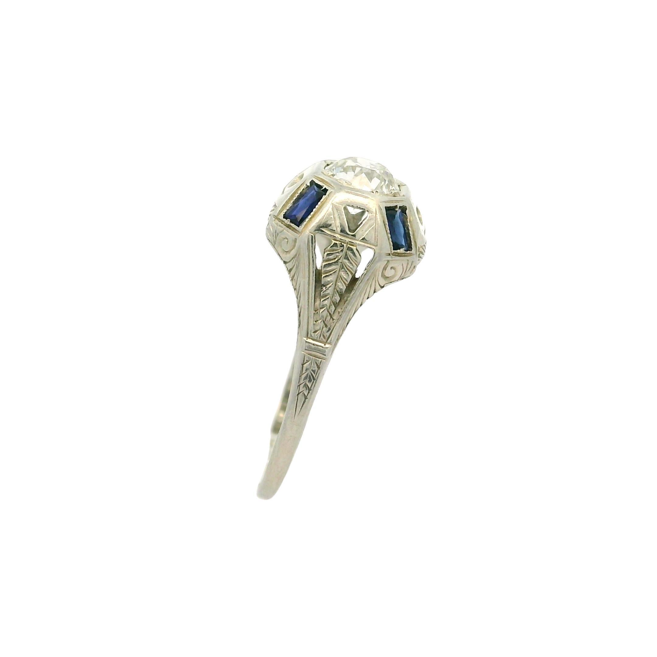 Antiker Art Deco 18k Weißgold 0,52 Karat Diamant Saphir gravierter Weizenarbeitsring (Art déco) im Angebot