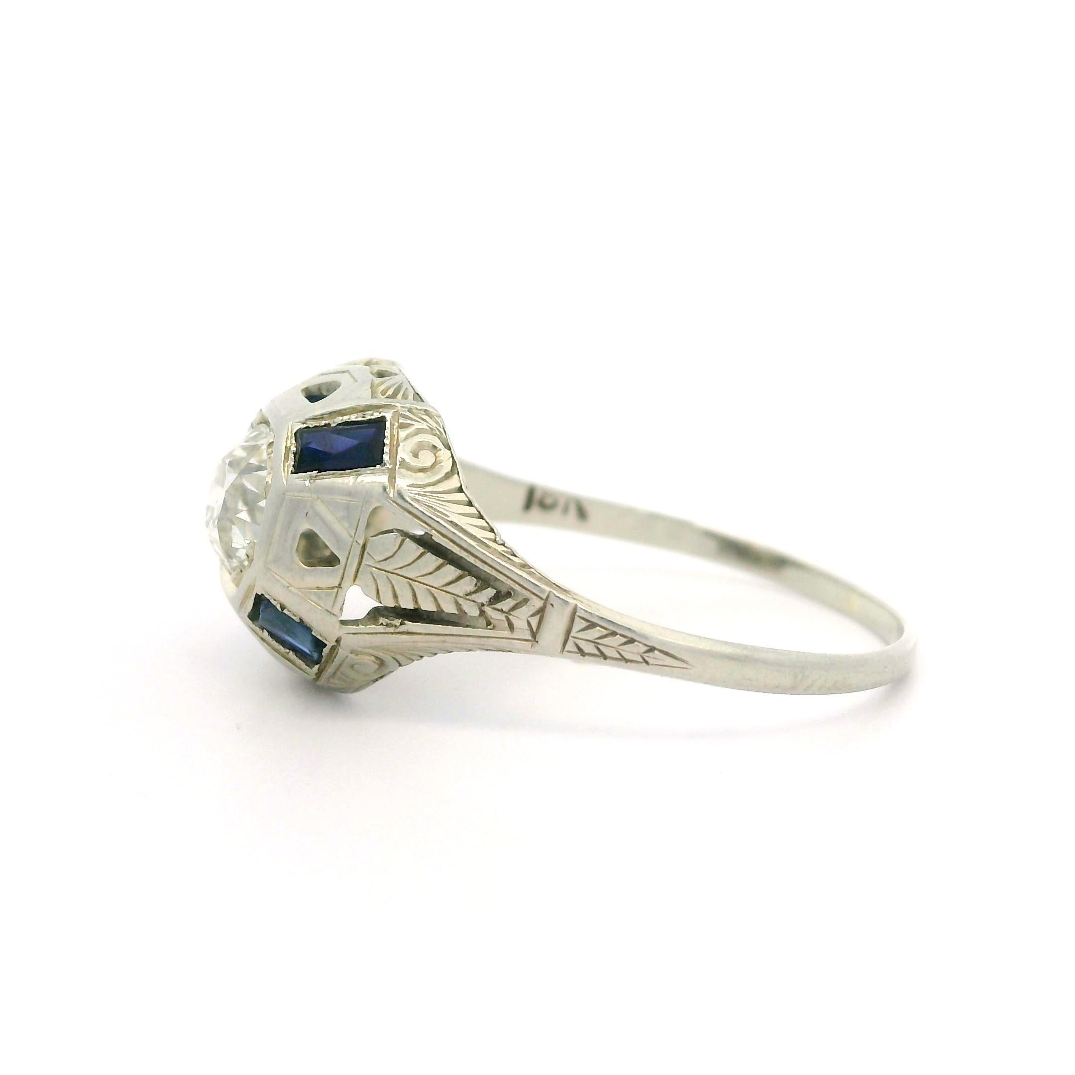 Antiker Art Deco 18k Weißgold 0,52 Karat Diamant Saphir gravierter Weizenarbeitsring im Angebot 2