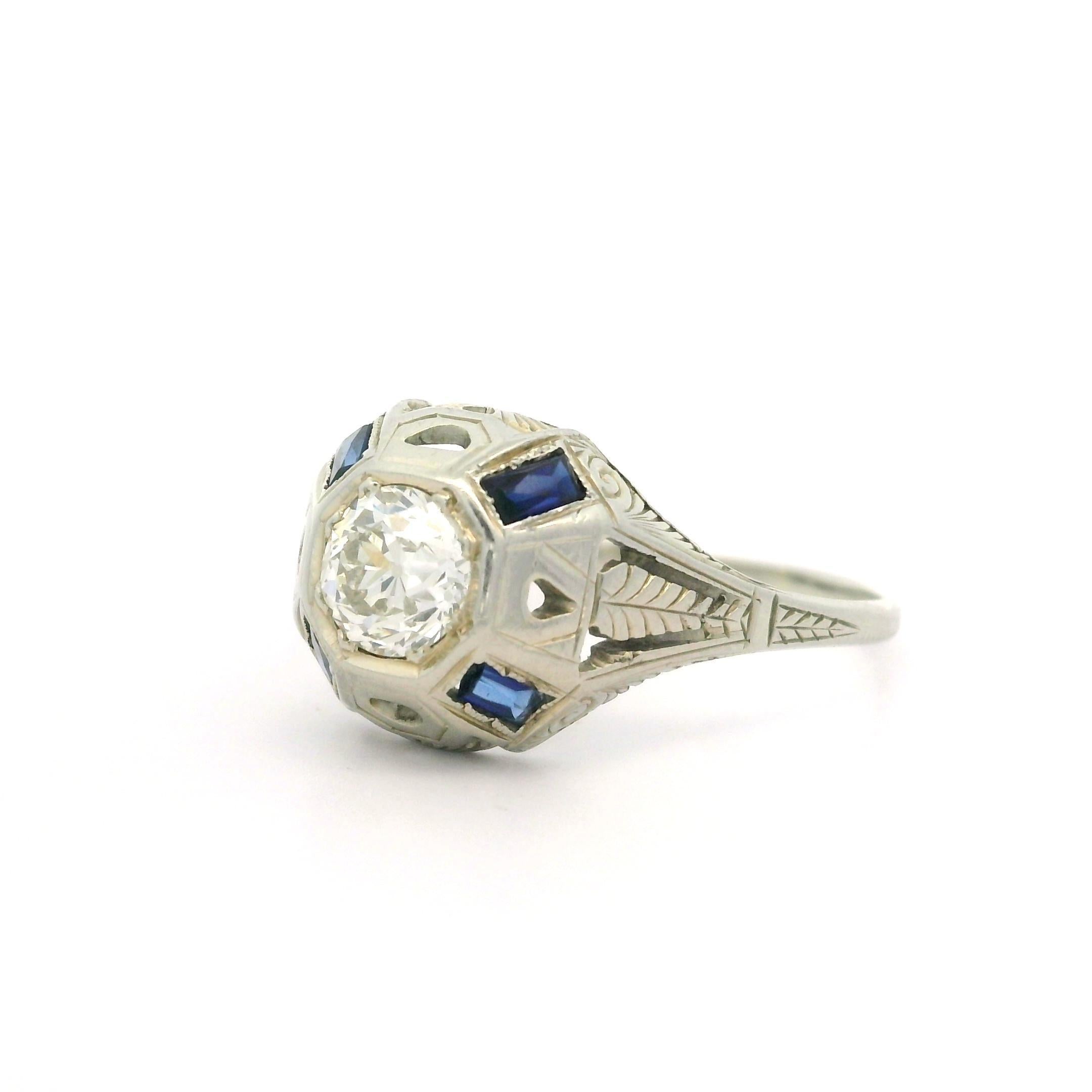 Antiker Art Deco 18k Weißgold 0,52 Karat Diamant Saphir gravierter Weizenarbeitsring im Angebot 3