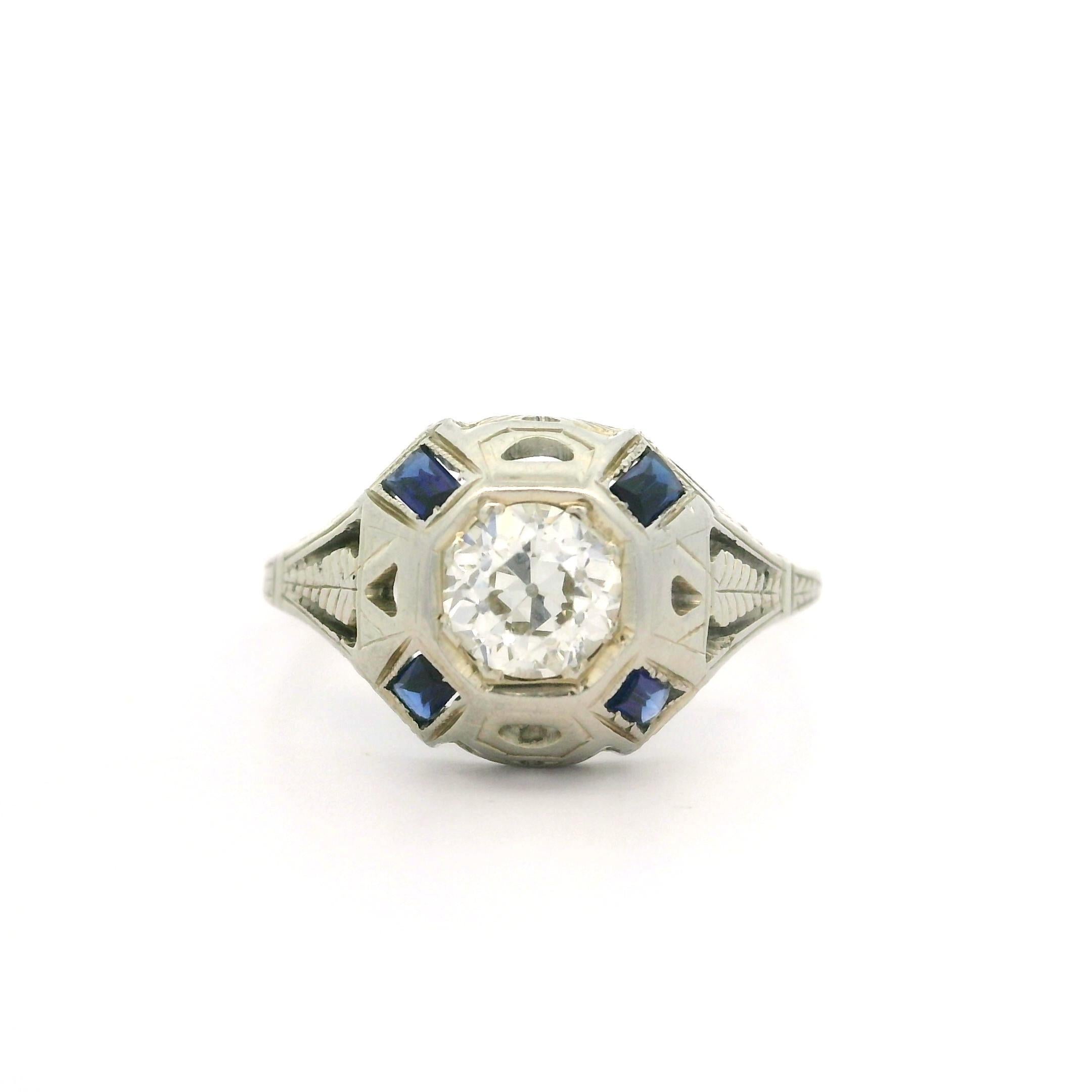 Antique Art Deco 18k White Gold 0.52ct Diamond Sapphire Engraved Wheat Work Ring