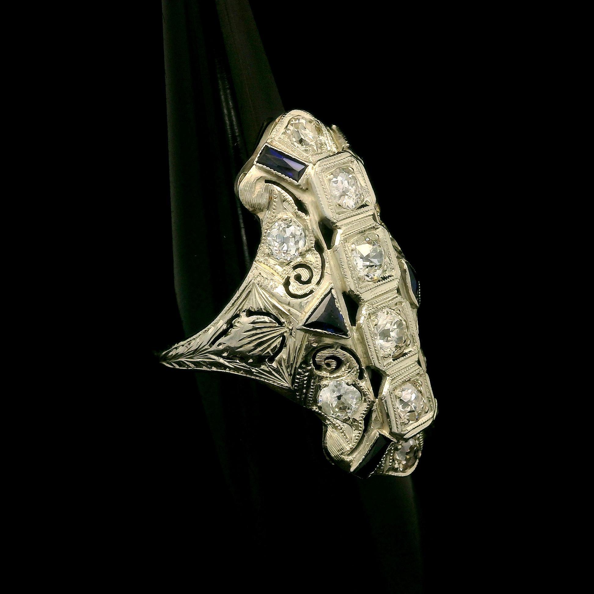 Longue bague de soirée Art déco en or blanc 18 carats avec diamant européen ancien de 1,25 carat Pour femmes en vente