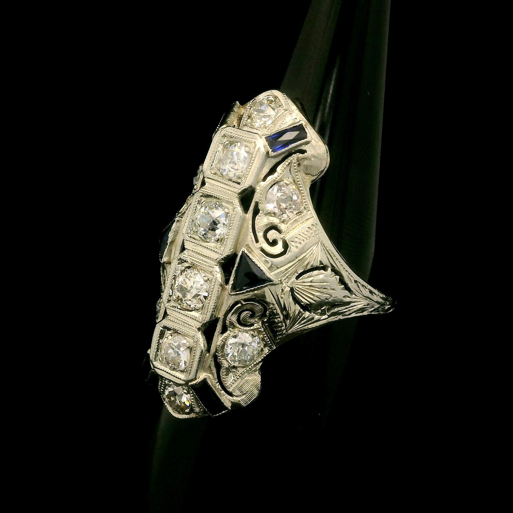 Longue bague de soirée Art déco en or blanc 18 carats avec diamant européen ancien de 1,25 carat en vente 1