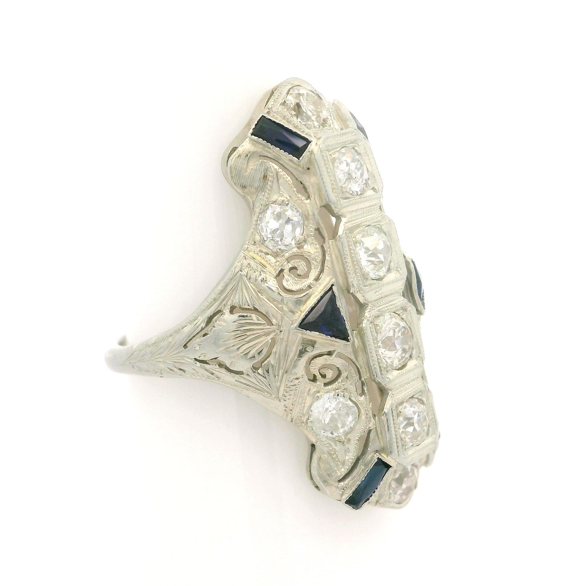 Longue bague de soirée Art déco en or blanc 18 carats avec diamant européen ancien de 1,25 carat en vente 2