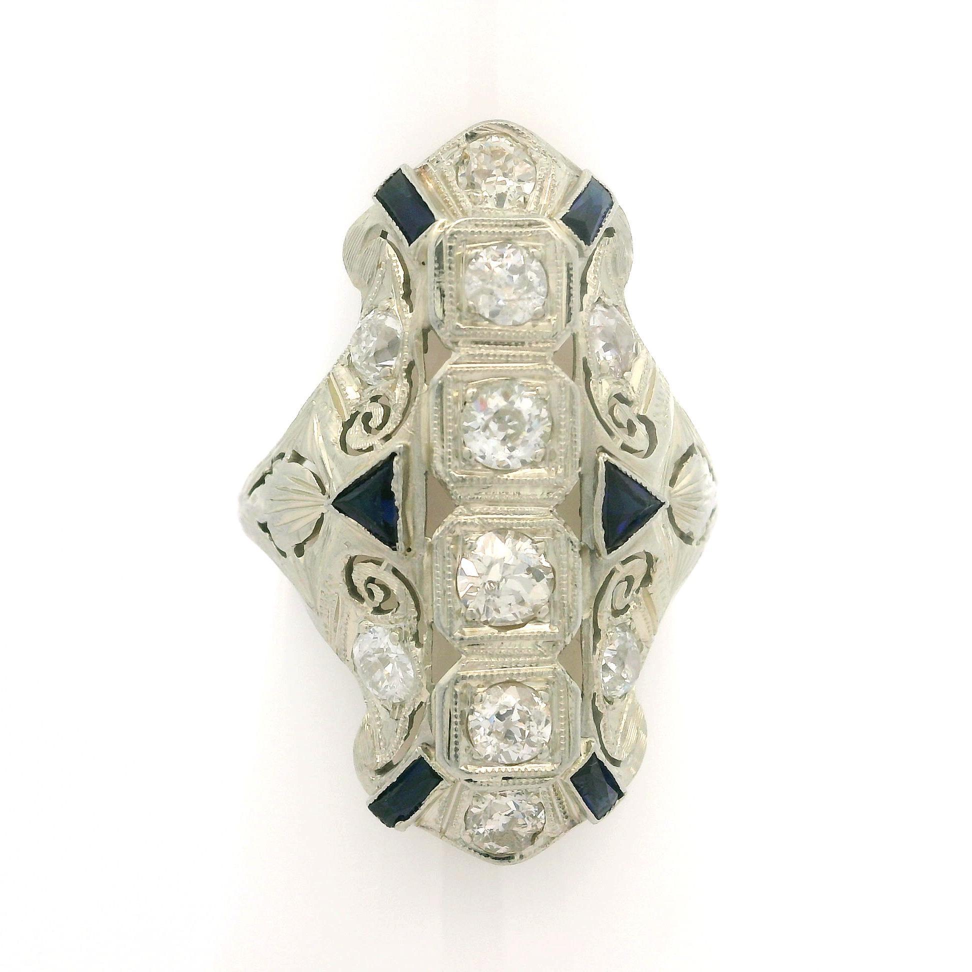 Longue bague de soirée Art déco en or blanc 18 carats avec diamant européen ancien de 1,25 carat en vente 3