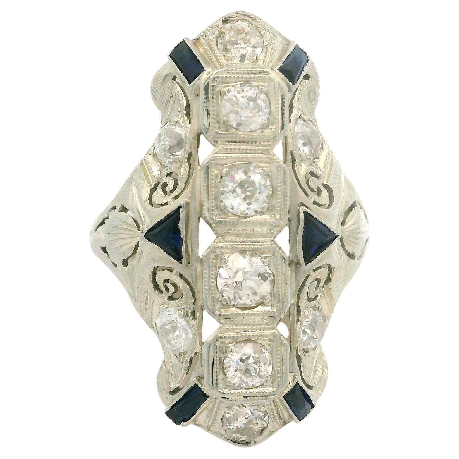Antique Art Deco 18k White Gold 1.25ctw Old European Diamond Long Dinner Ring