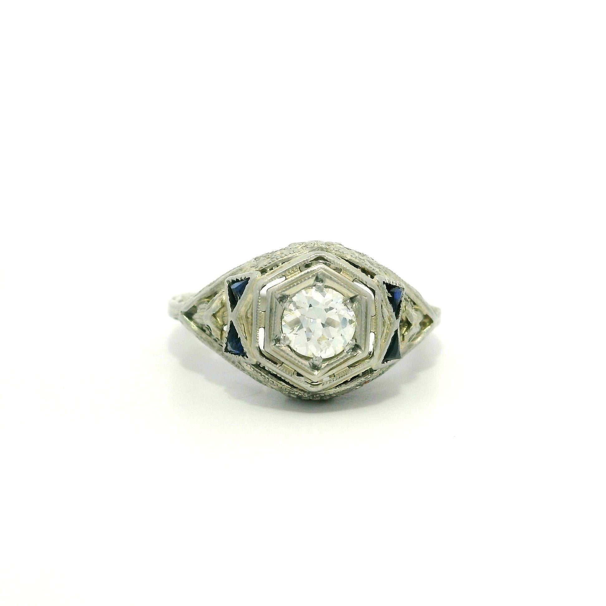 Antique Art Deco 18k White Gold .28ct Old Diamond Sapphire Crisp Filigree Ring For Sale 5