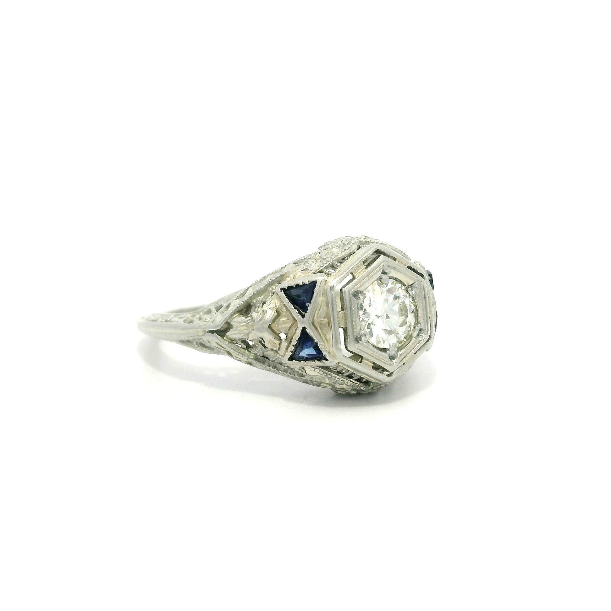 Antique Art Deco 18k White Gold .28ct Old Diamond Sapphire Crisp Filigree Ring For Sale 6