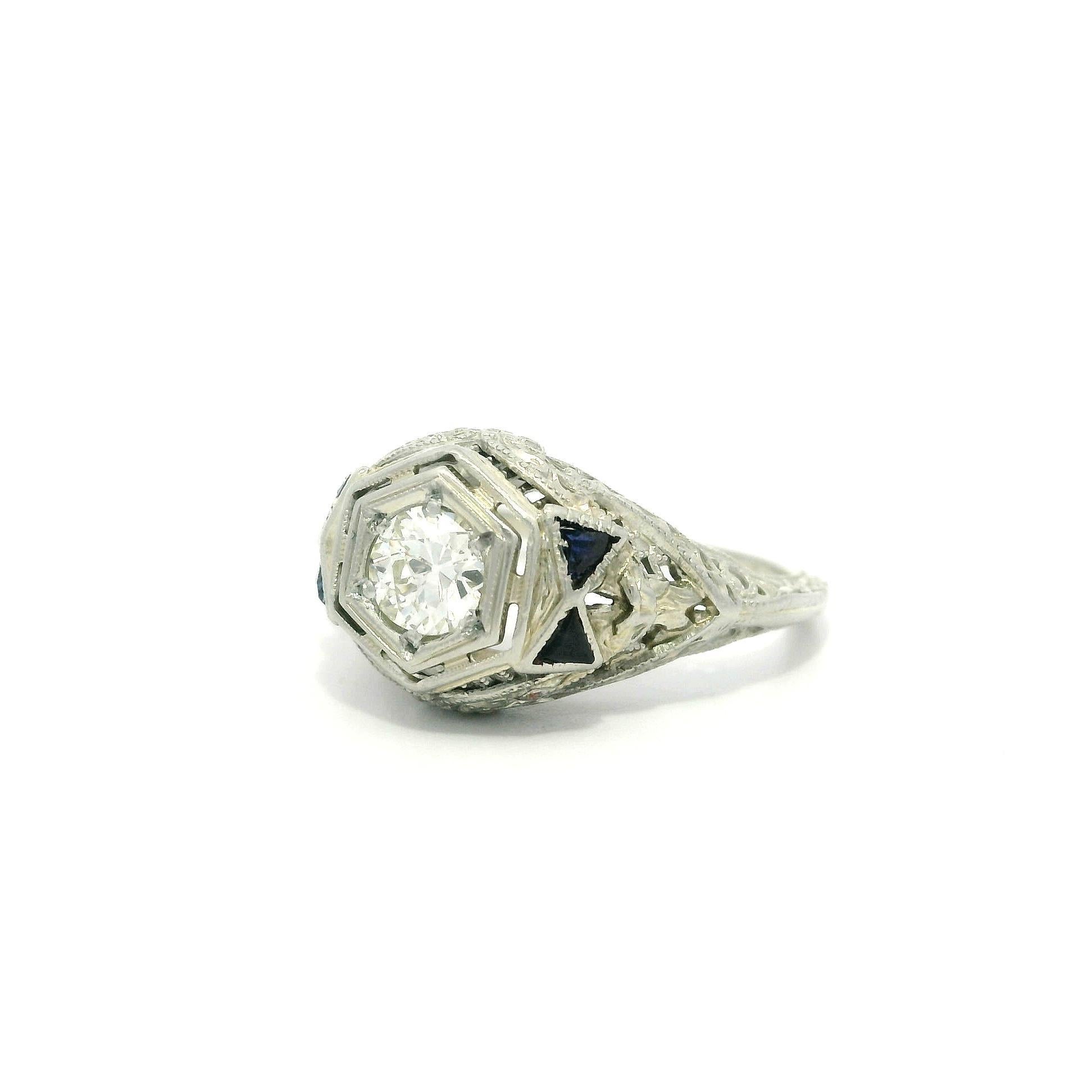 Antique Art Deco 18k White Gold .28ct Old Diamond Sapphire Crisp Filigree Ring For Sale 7
