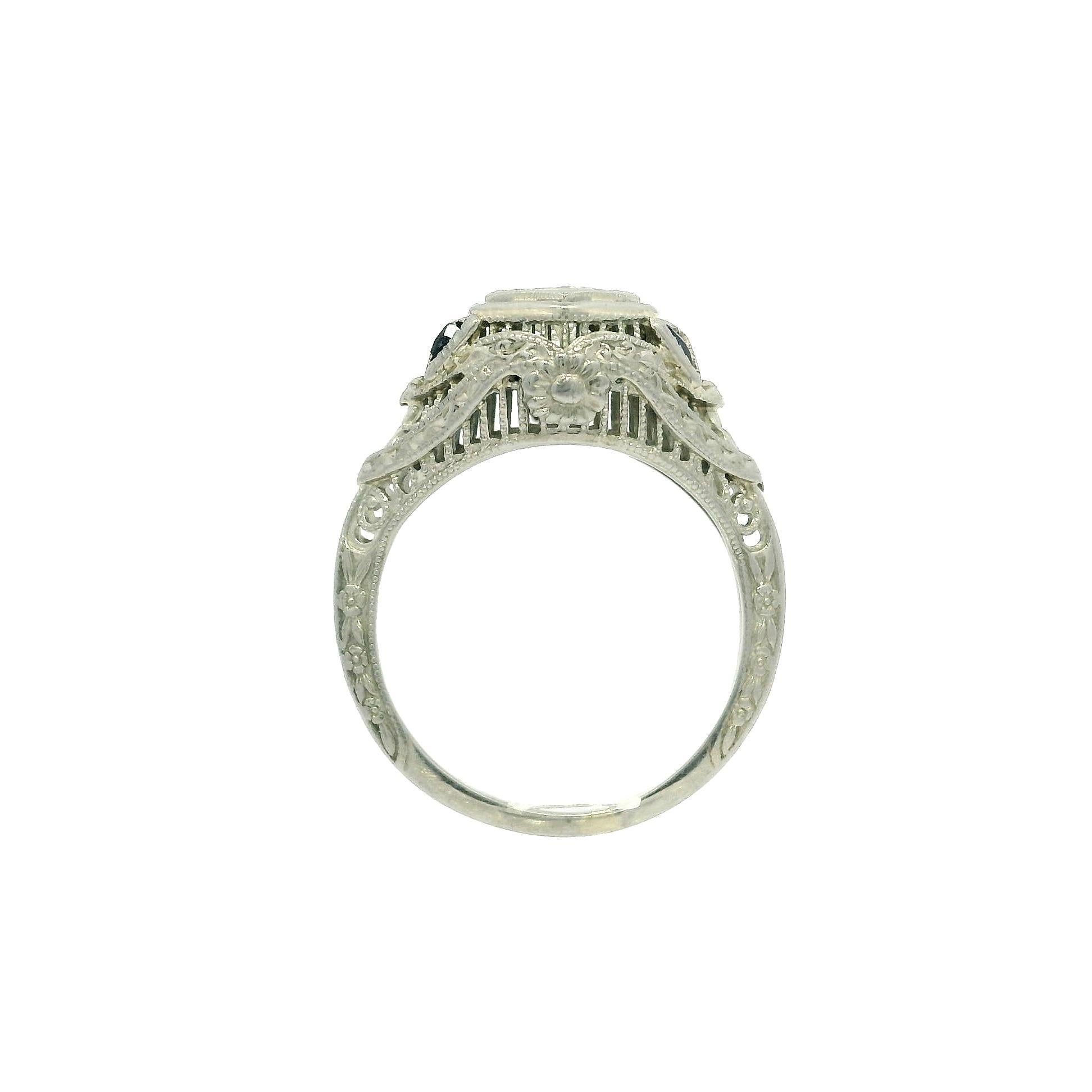 Antique Art Deco 18k White Gold .28ct Old Diamond Sapphire Crisp Filigree Ring For Sale 8