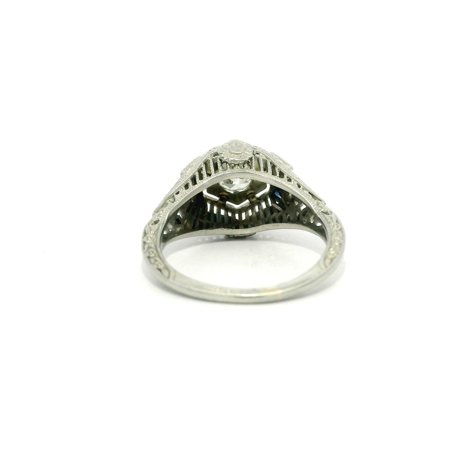 Women's Antique Art Deco 18k White Gold .28ct Old Diamond Sapphire Crisp Filigree Ring For Sale