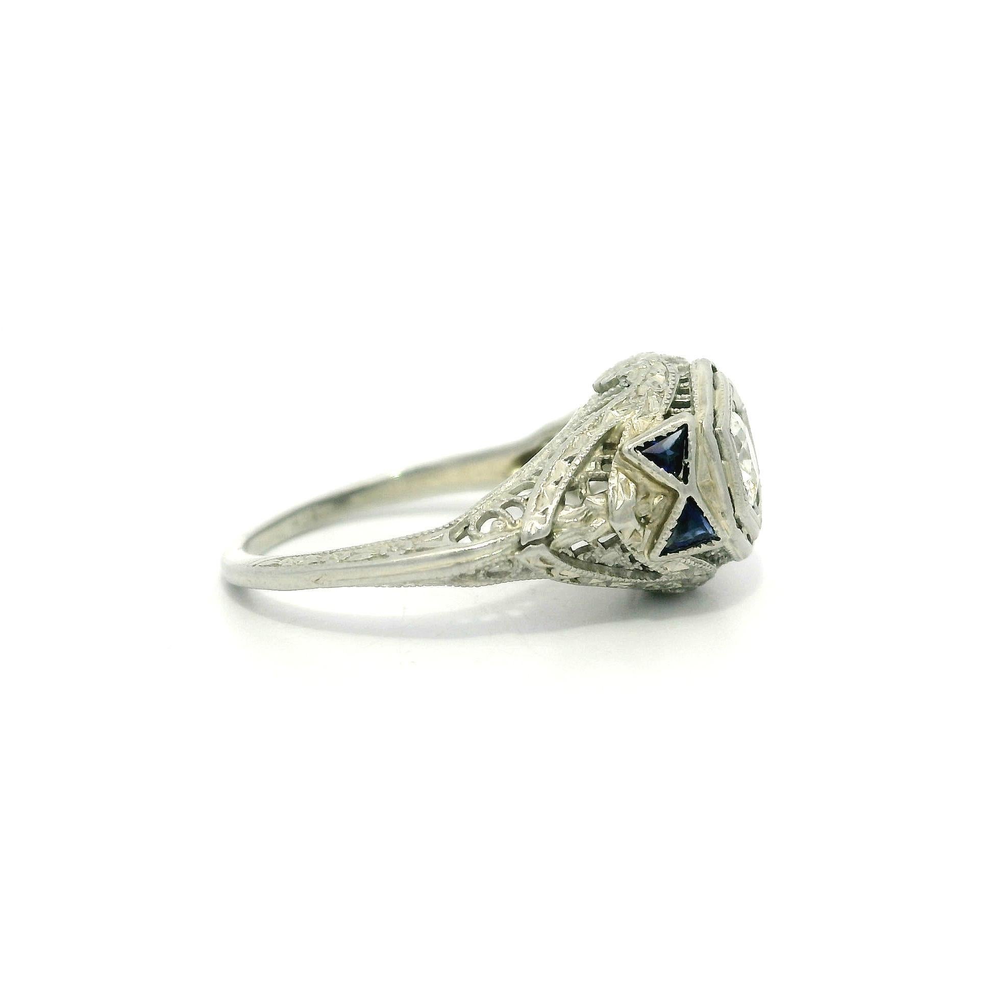 Antique Art Deco 18k White Gold .28ct Old Diamond Sapphire Crisp Filigree Ring For Sale 1