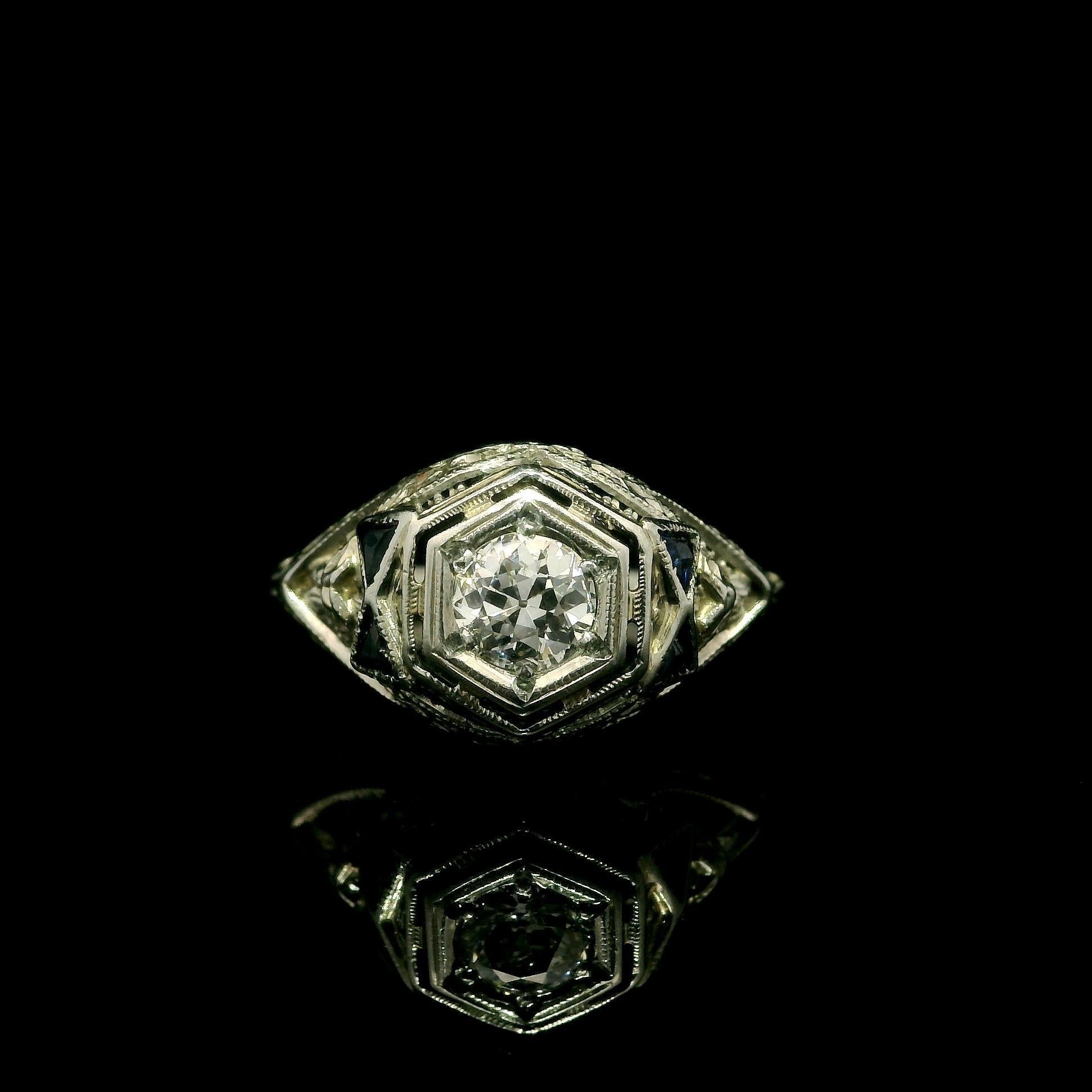 Antique Art Deco 18k White Gold .28ct Old Diamond Sapphire Crisp Filigree Ring For Sale 2