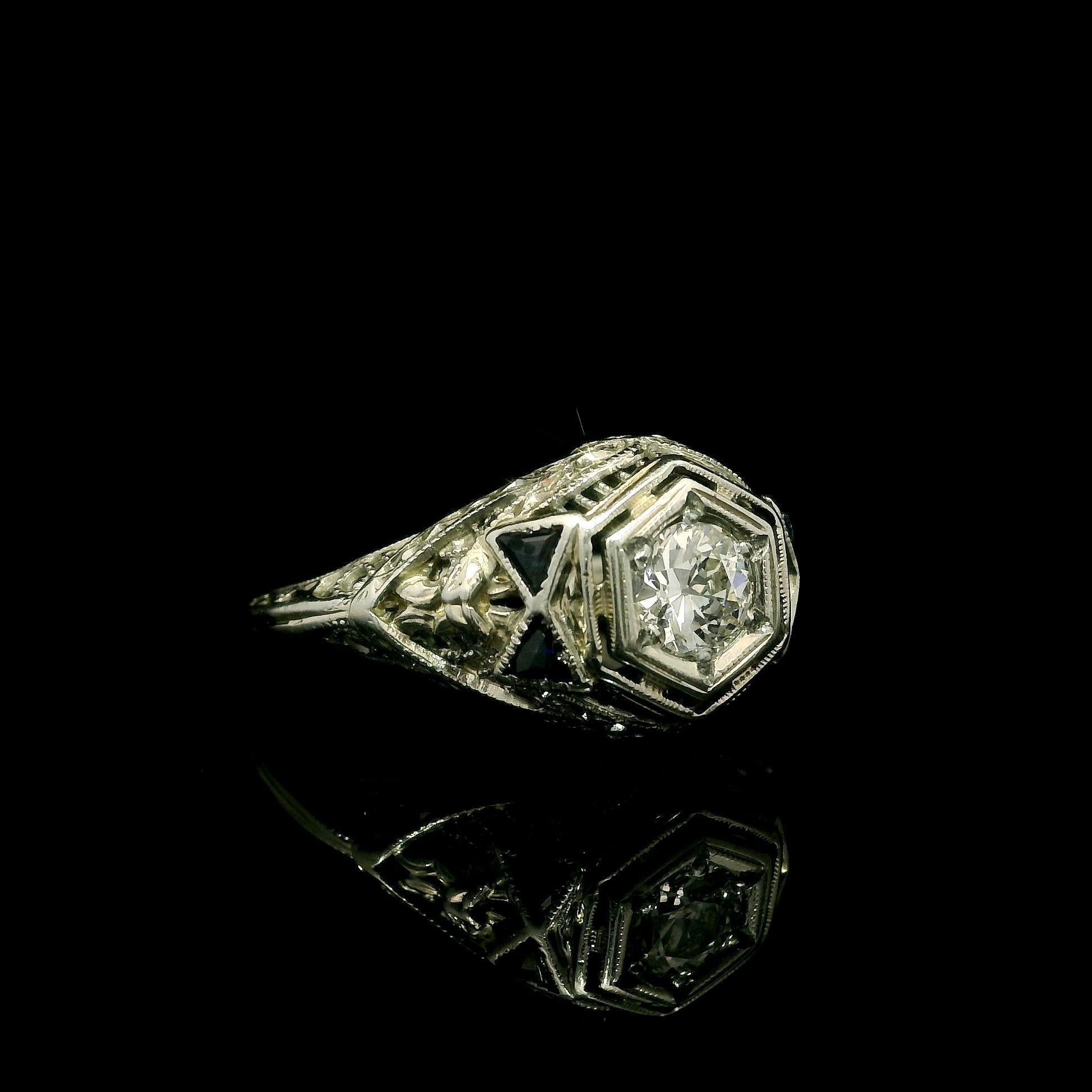 Antique Art Deco 18k White Gold .28ct Old Diamond Sapphire Crisp Filigree Ring For Sale 3