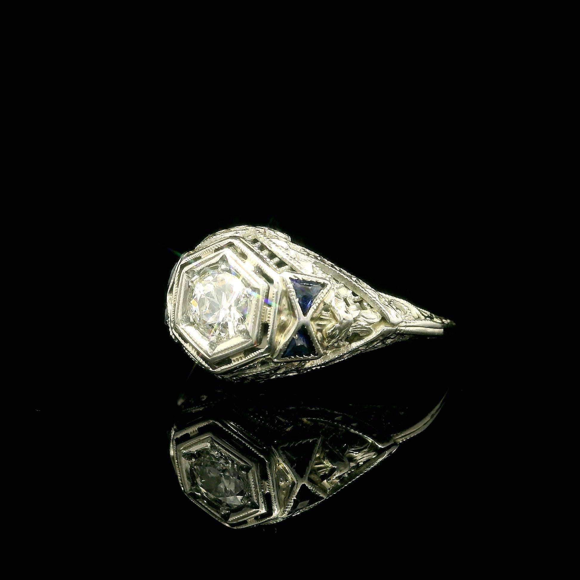 Antique Art Deco 18k White Gold .28ct Old Diamond Sapphire Crisp Filigree Ring For Sale 4
