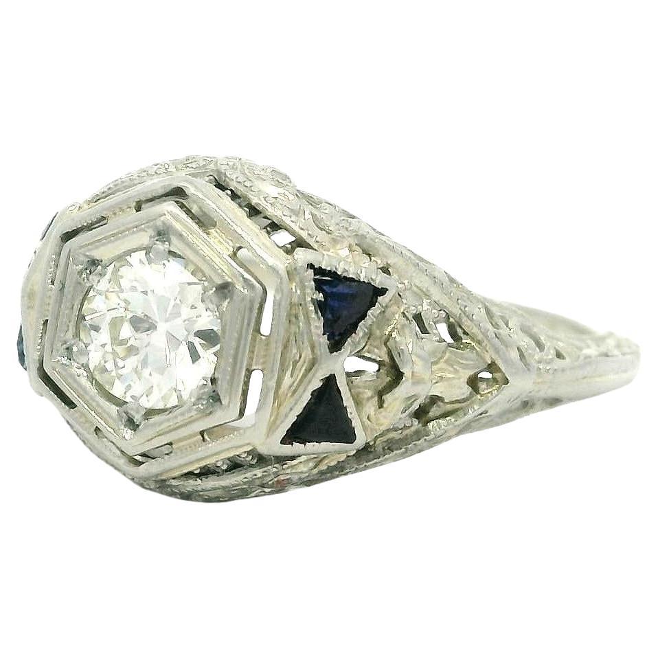 Antique Art Deco 18k White Gold .28ct Old Diamond Sapphire Crisp Filigree Ring