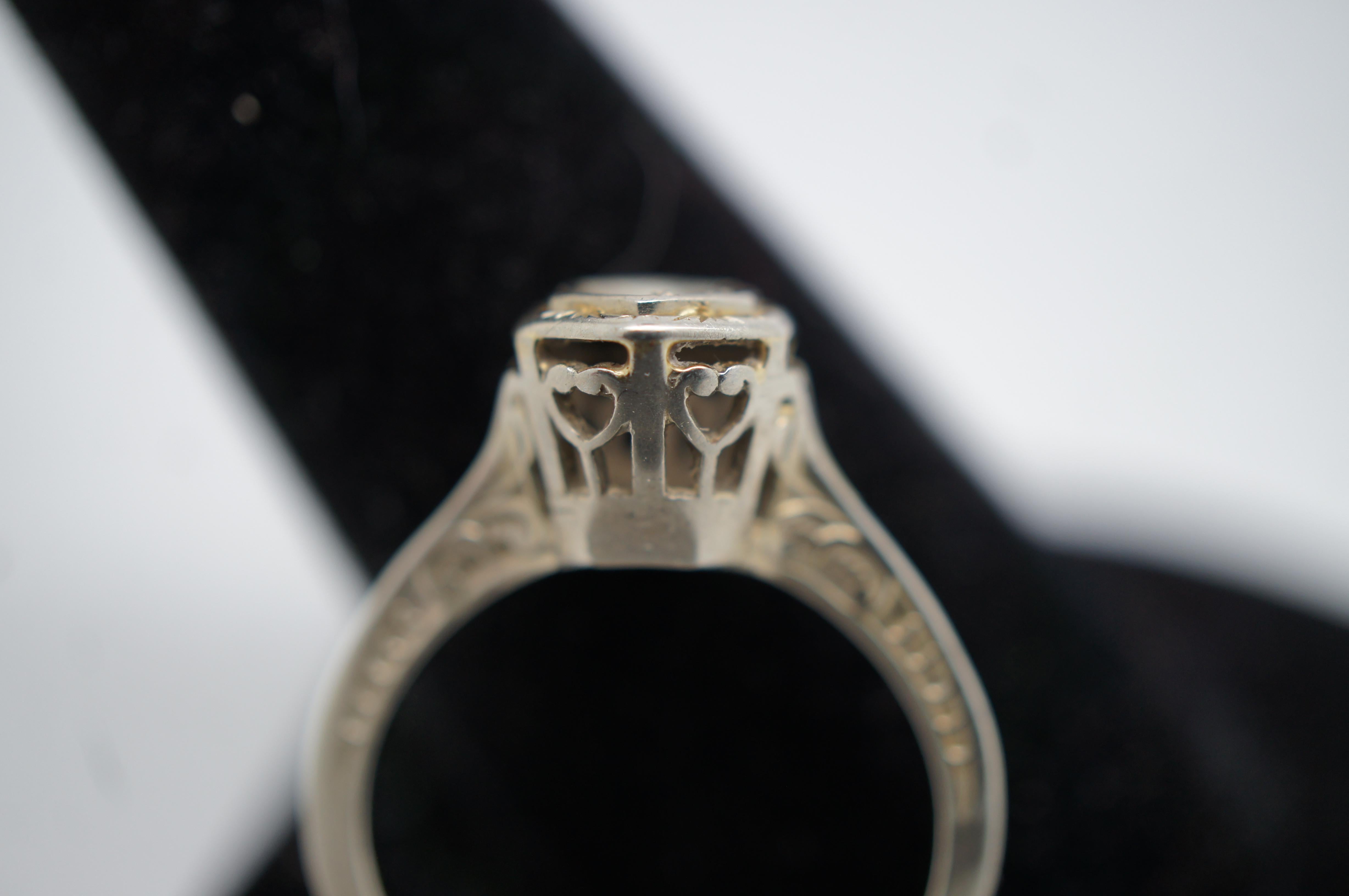 Antique Art Deco 18k White Gold .4ct Solitaire Diamond Engagement Ring For Sale 2