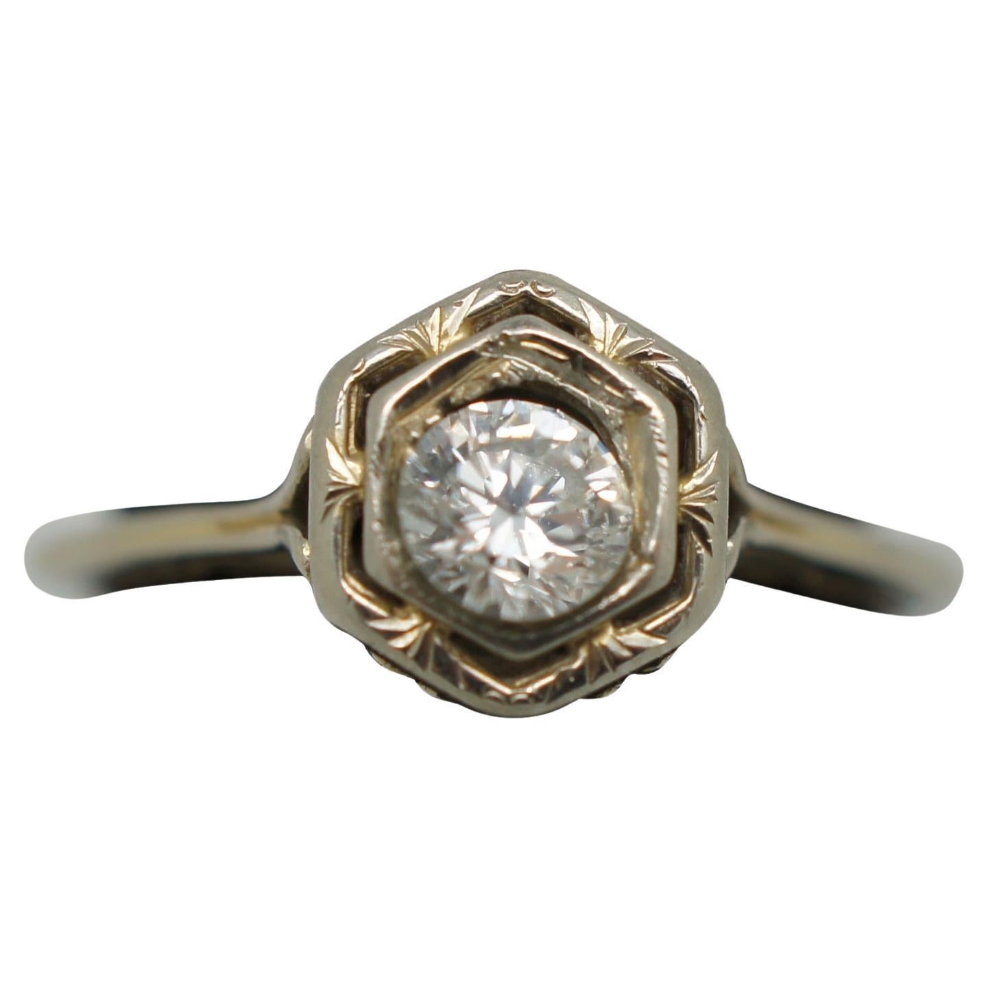 Antique Art Deco 18k White Gold .4ct Solitaire Diamond Engagement Ring For Sale