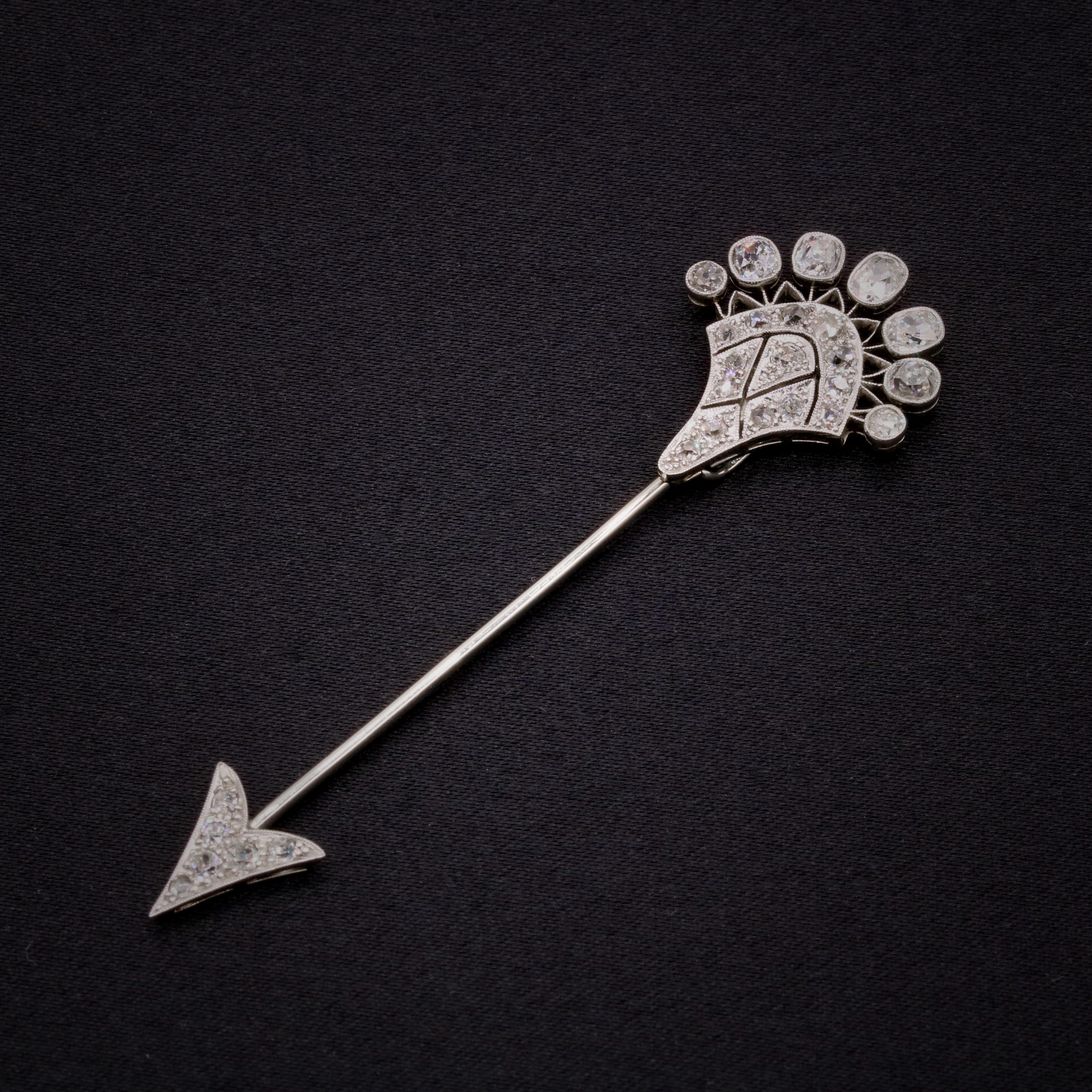 Old Mine Cut Antique Art Deco 18K White Gold and Platinum 2.2ct Diamond Arrow Jabot Pin For Sale