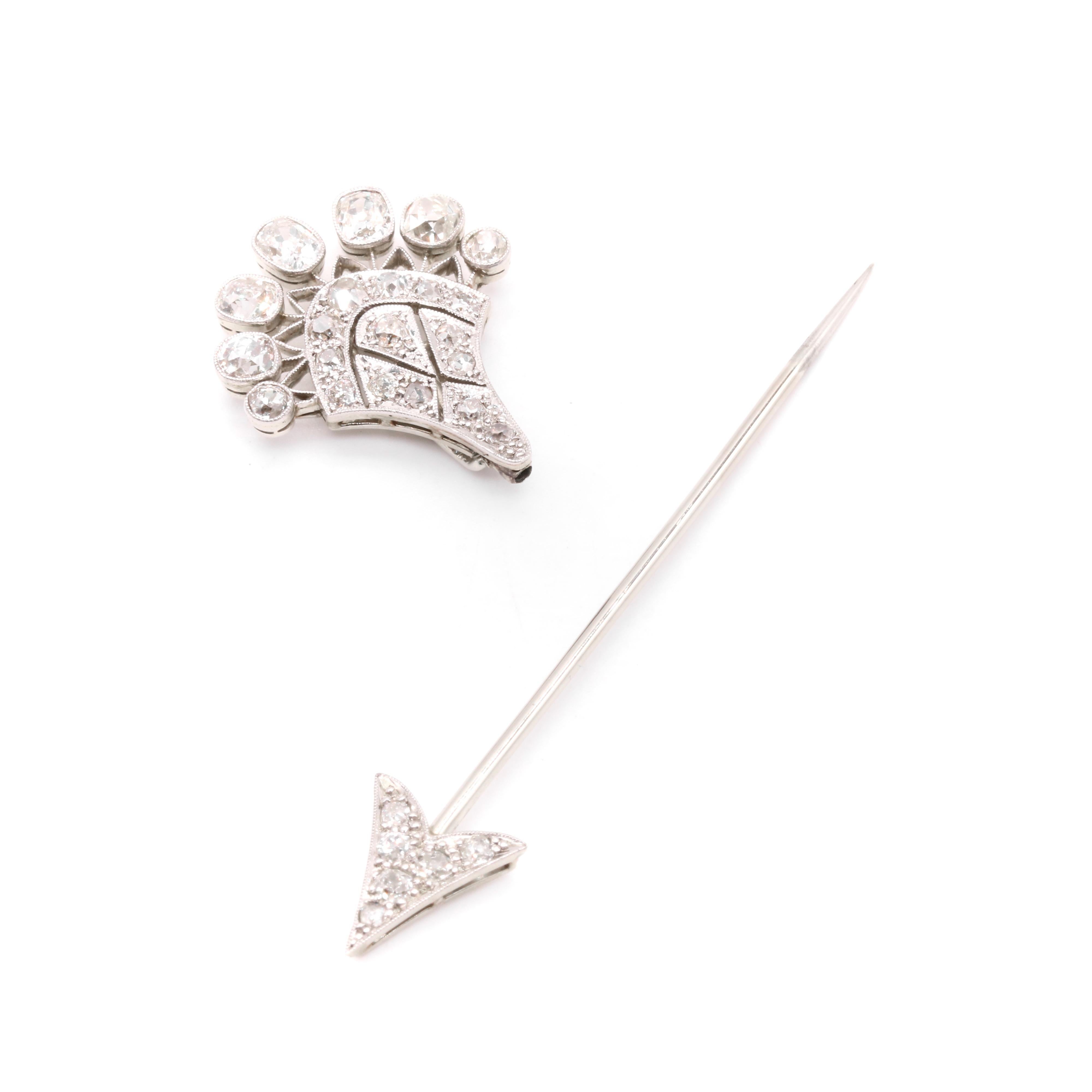 Antique Art Deco 18K White Gold and Platinum 2.2ct Diamond Arrow Jabot Pin For Sale 3