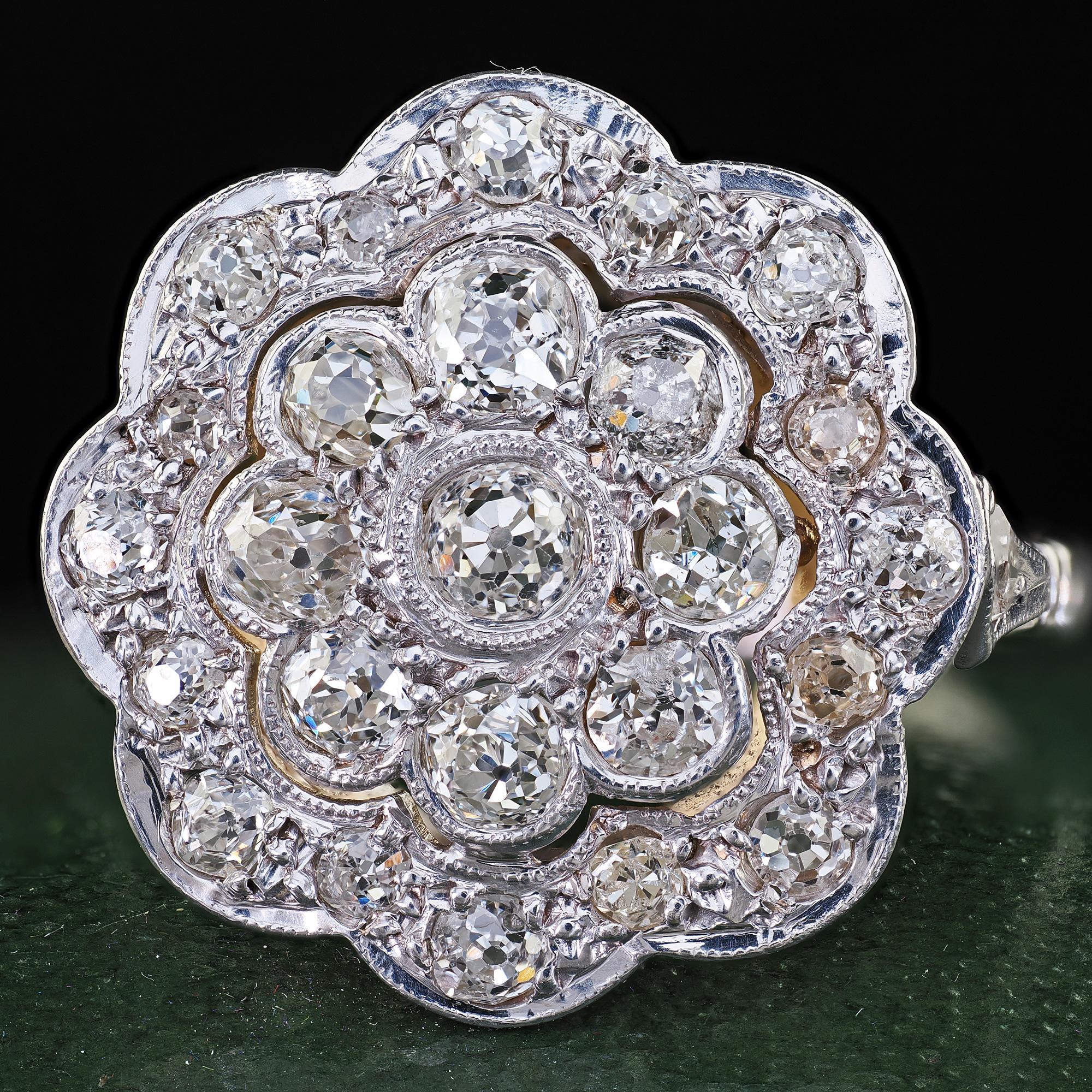 Antiker Art Deco 18K Weißgold und Platin Old Euro Diamond Floral Ring Damen im Angebot