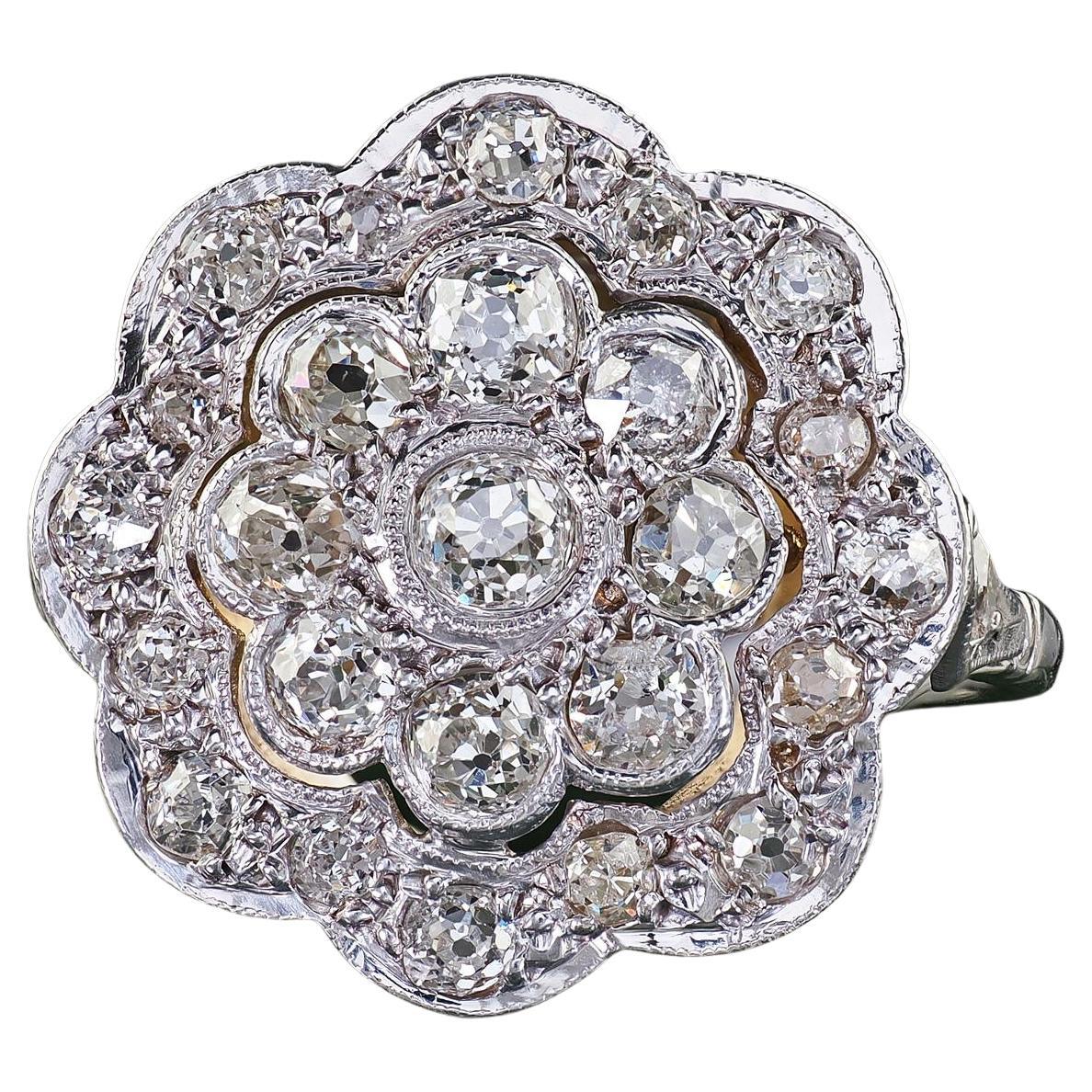 Antiker Art Deco 18K Weißgold und Platin Old Euro Diamond Floral Ring