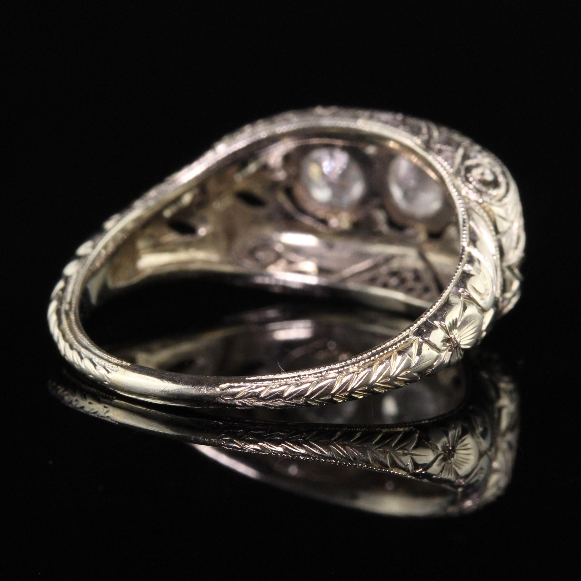 Women's Antique Art Deco 18K White Gold and Platinum Old Euro Diamond Three Stone Ring