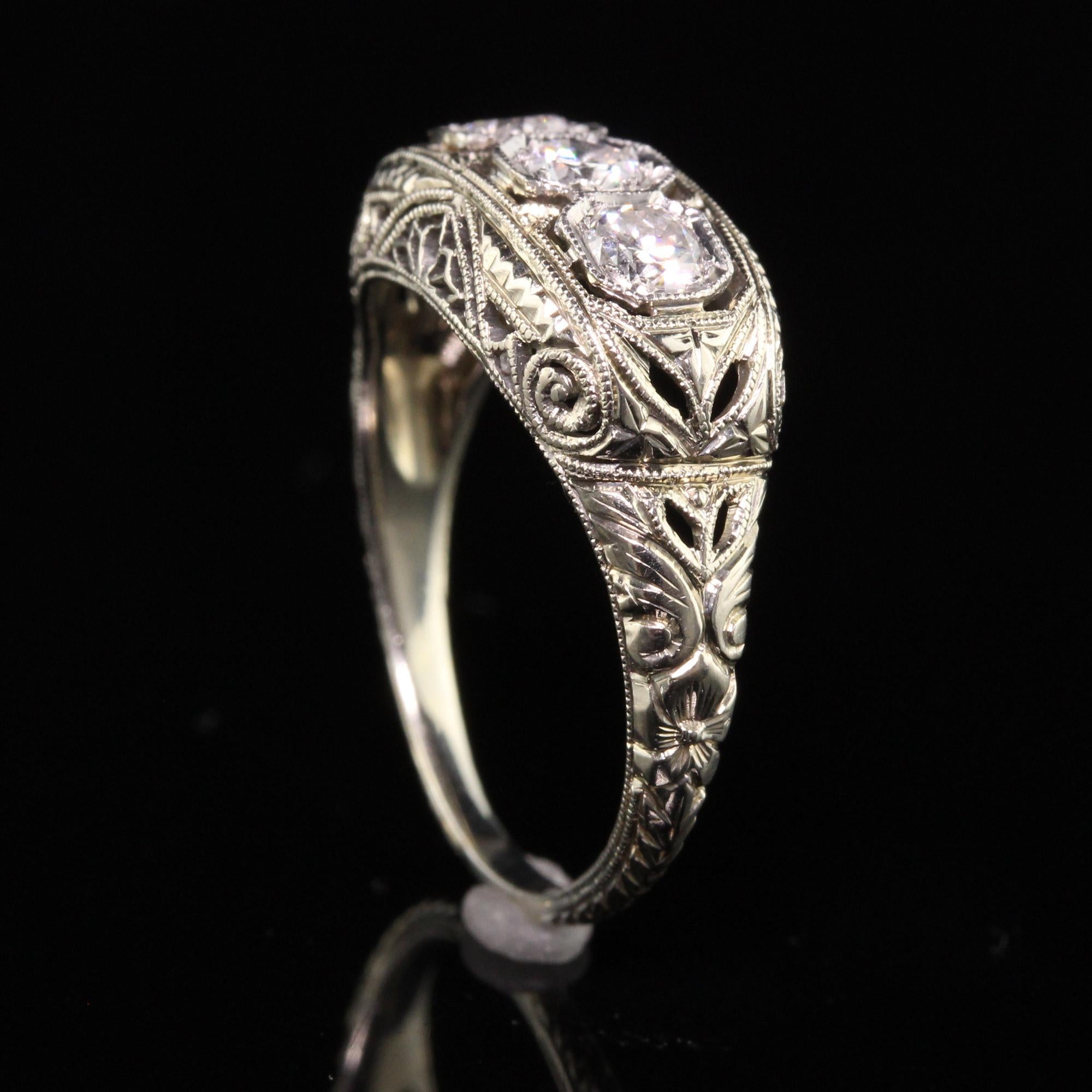 Antique Art Deco 18K White Gold and Platinum Old Euro Diamond Three Stone Ring 1