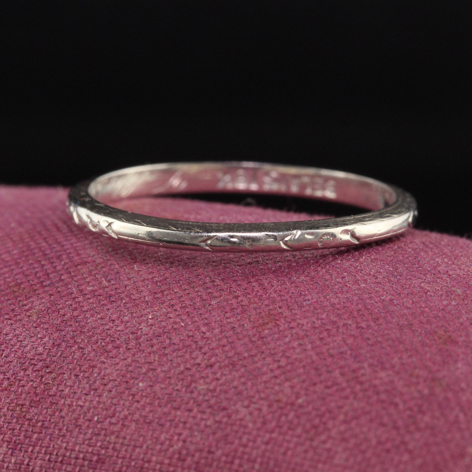 Beautiful Antique Art Deco 18K White Gold Belais Engraved Wedding Band - Size 8 1/2. This beautiful wedding band is crafted in 18k white gold and is made by Belais. The outside of the band is engraved and the inside of the band is engraved 