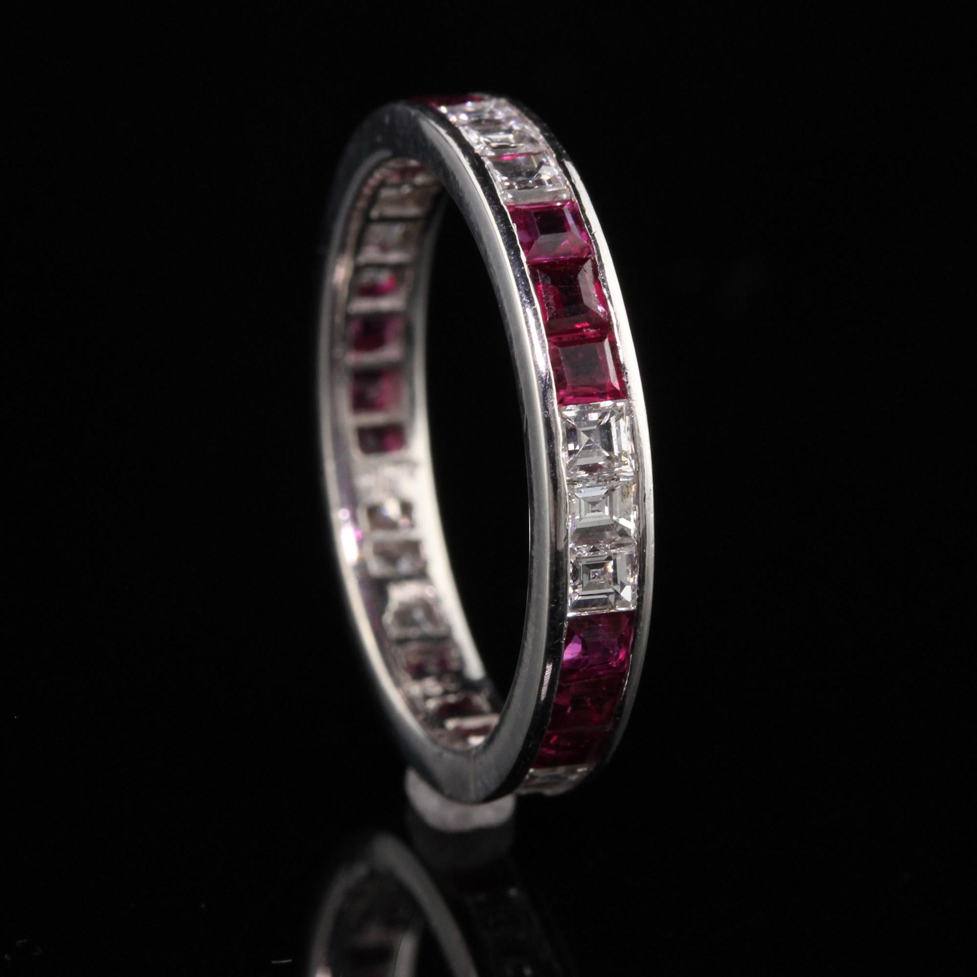 Women's Antique Art Deco 18K White Gold Carre Cut Diamond and Ruby Wedding Band For Sale