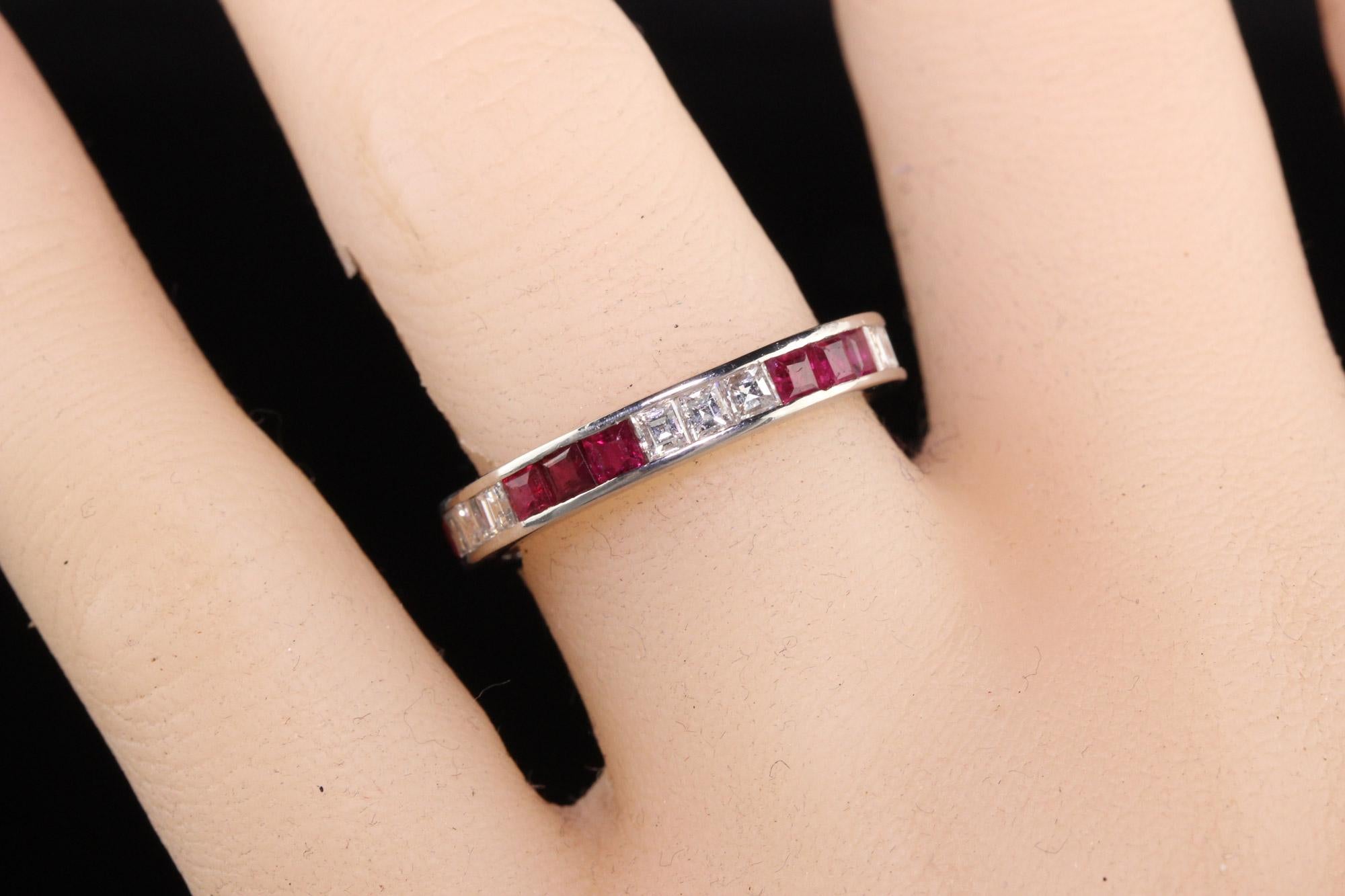 Antique Art Deco 18K White Gold Carre Cut Diamond and Ruby Wedding Band For Sale 1