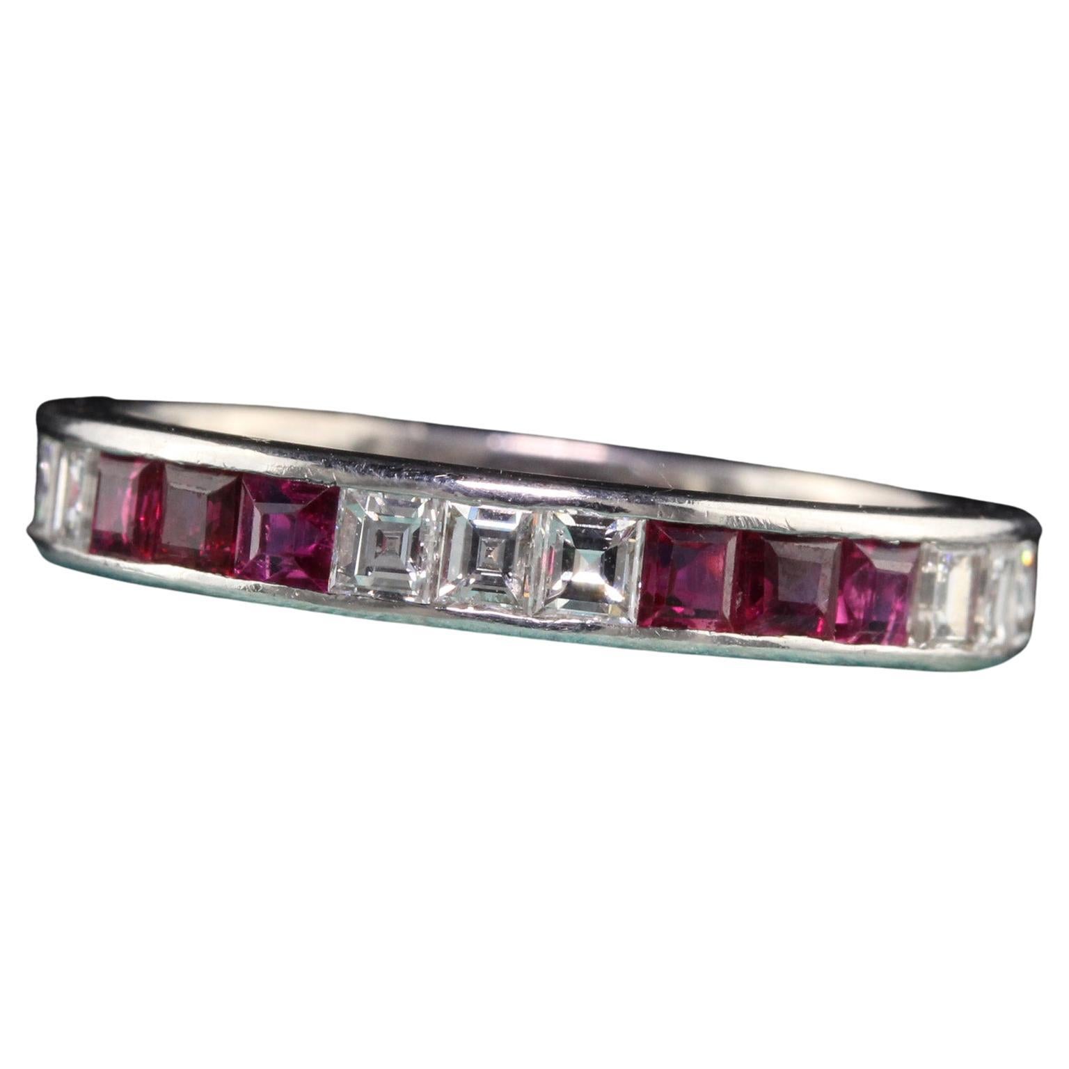 Antique Art Deco 18K White Gold Carre Cut Diamond and Ruby Wedding Band For Sale