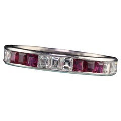 Antique Art Deco 18K White Gold Carre Cut Diamond and Ruby Wedding Band