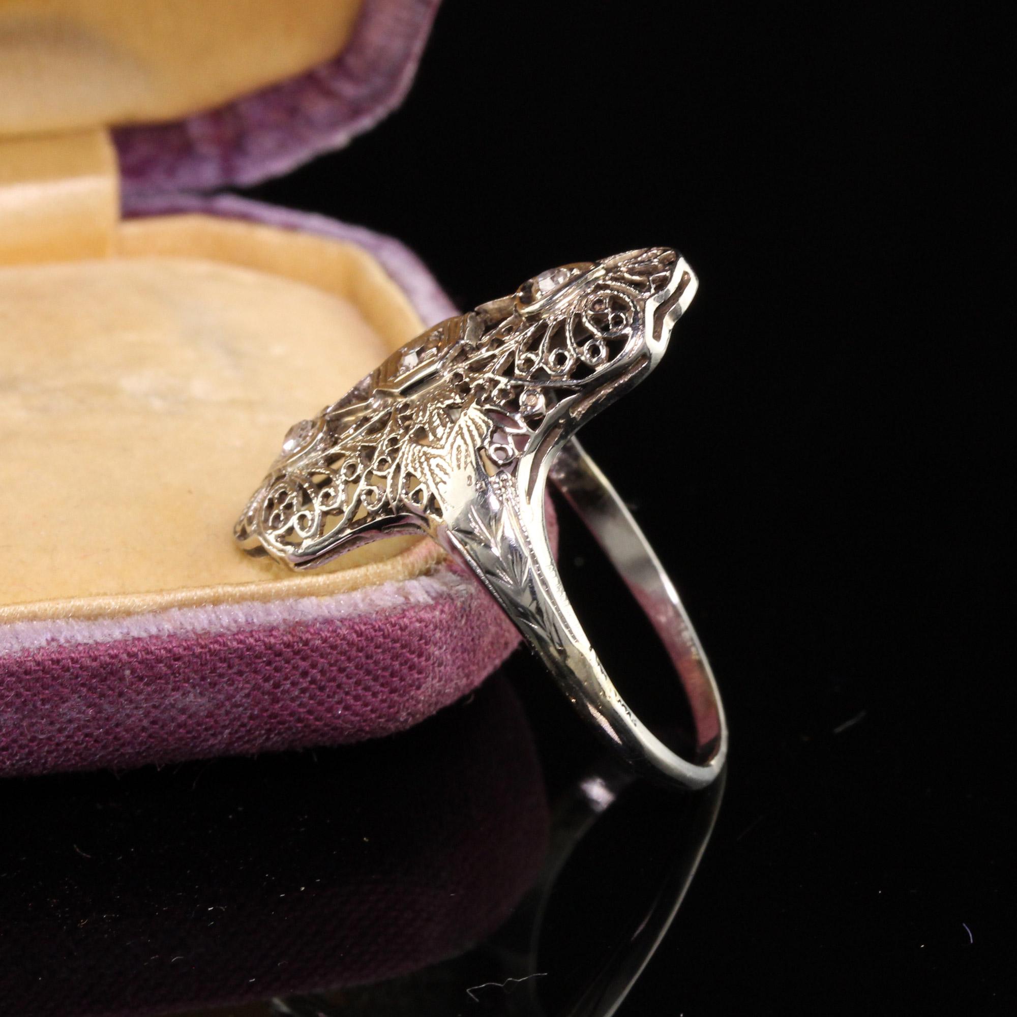 Old European Cut Antique Art Deco 18K White Gold Diamond and Filigree Shield Ring